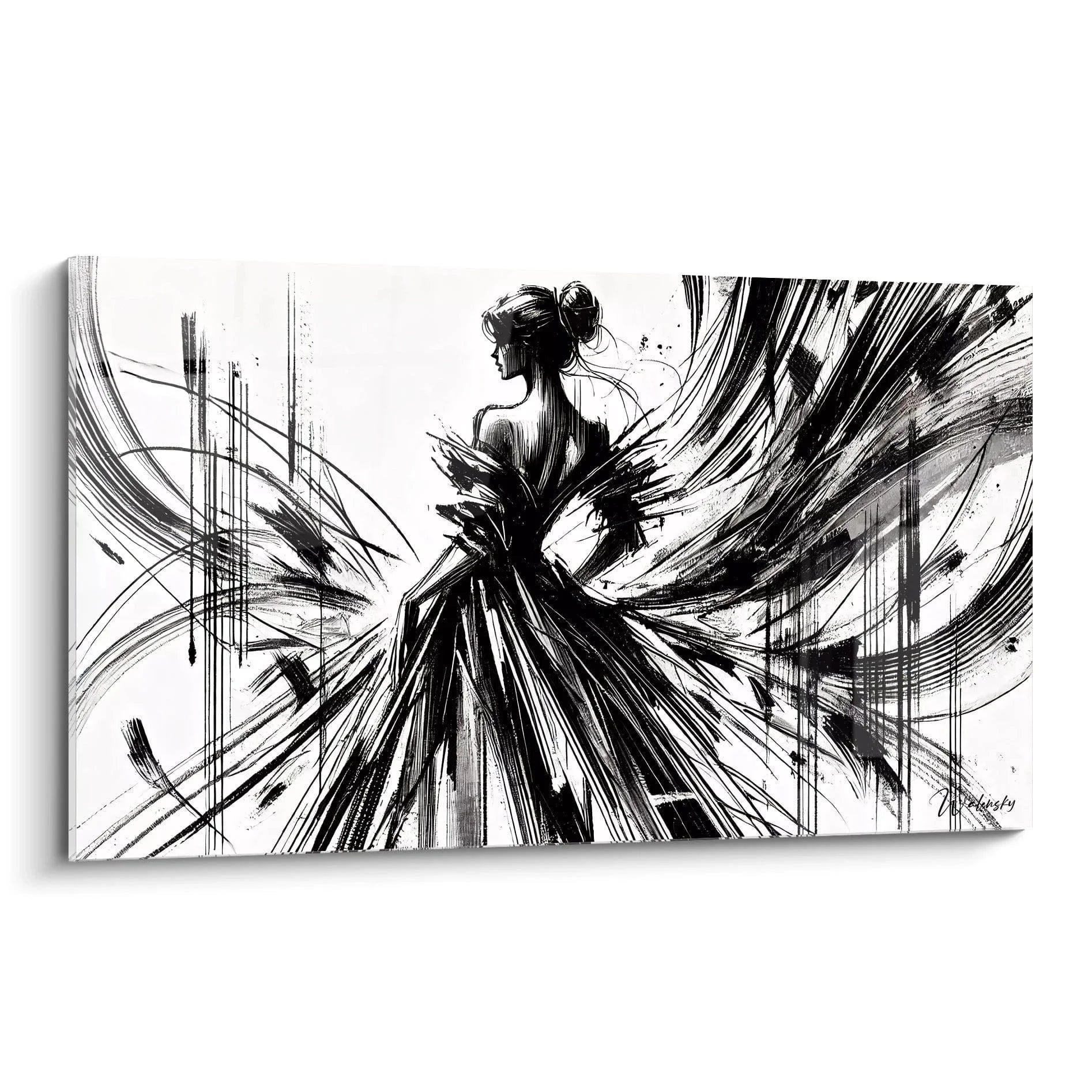 Wandbild abstrakte Tänzerin schwarz-weiß mit expressiven Pinselstrichen und dynamischer Bewegung