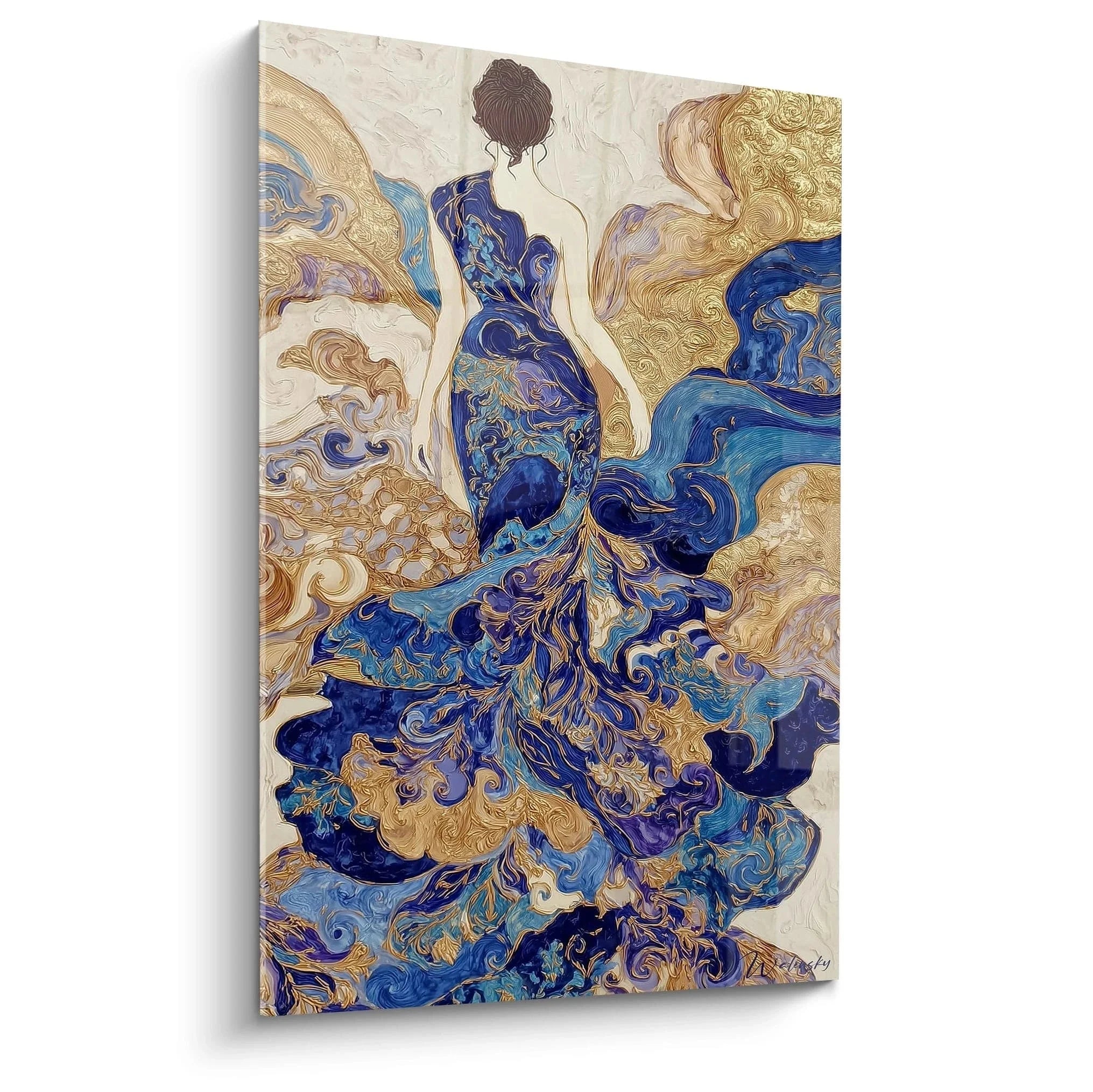 Wandbild Tänzerin in blau-goldenem ornamentalem Kleid, Edition Haute Couture Wandkunst