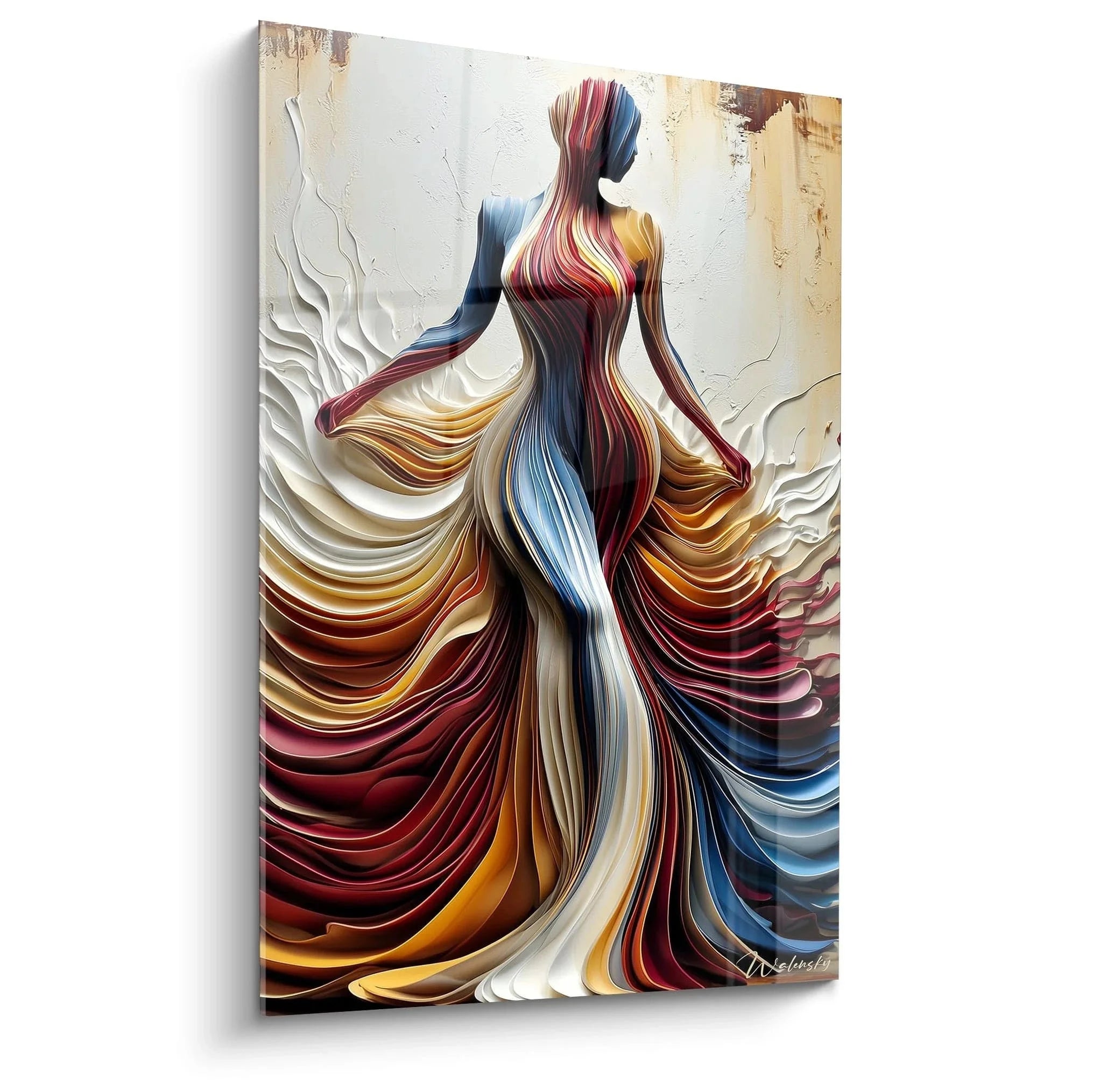 Wandbild Tänzerin Haute Couture mit fließenden Farben in Gold und Blau, abstrakte Wandkunst für elegante Raumdekoration