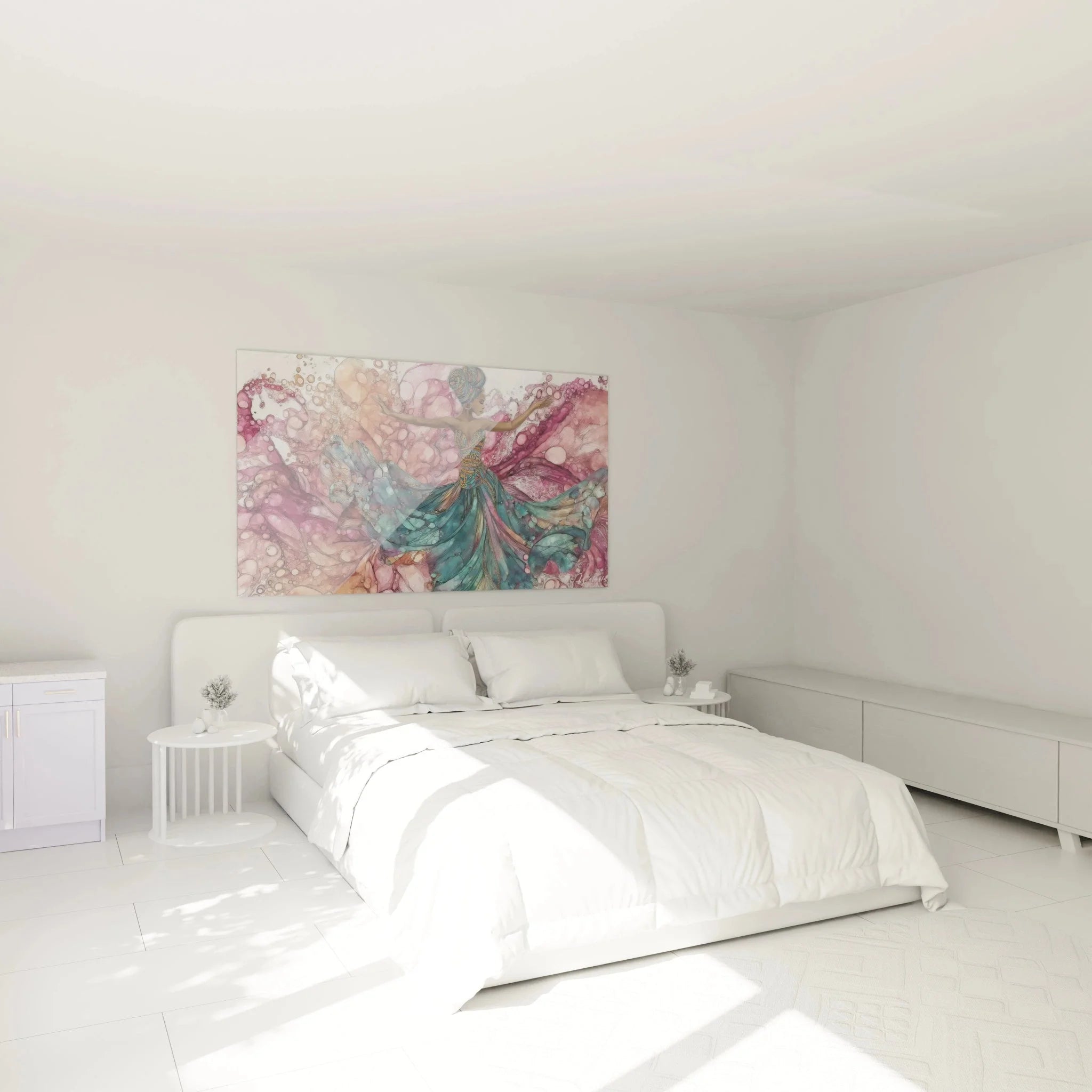 Schlafzimmer Dekoration mit Wandbild afrikanische Tänzerin Wasserwellen über dem Bett