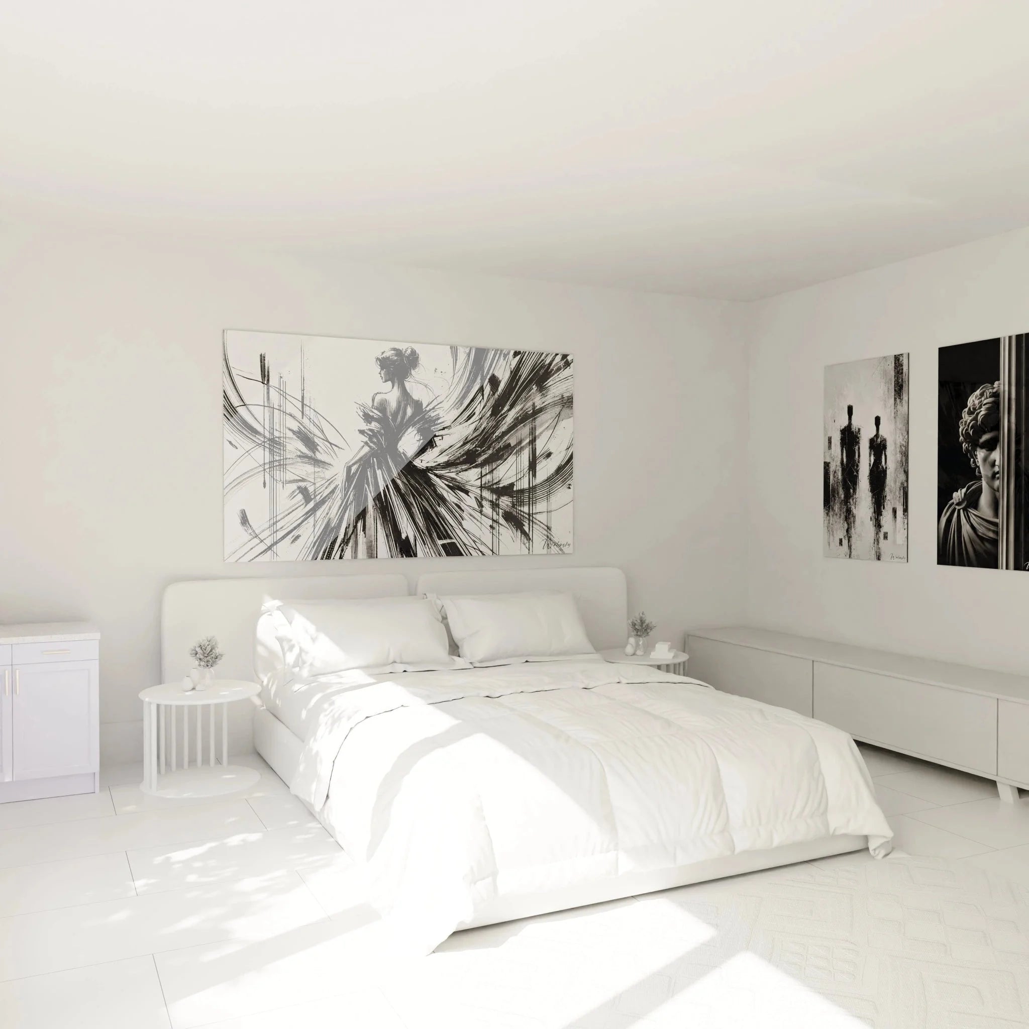 Wandbild Tänzerin schwarz-weiß in modernem Schlafzimmer als elegante Wanddekoration