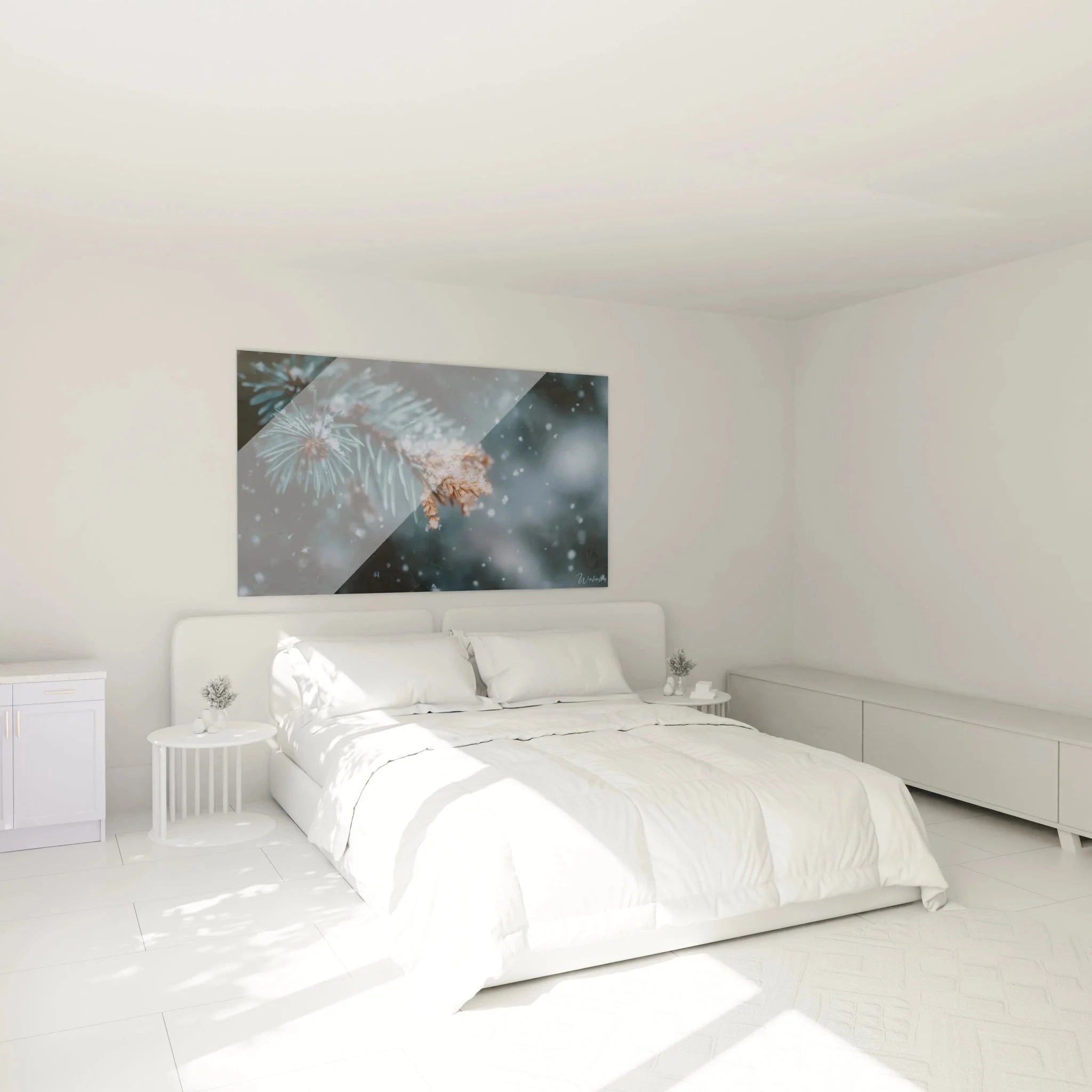 Winterliches Wandbild Tannenzweig im Schlafzimmer - gemütliche Winterdekoration für Zuhause