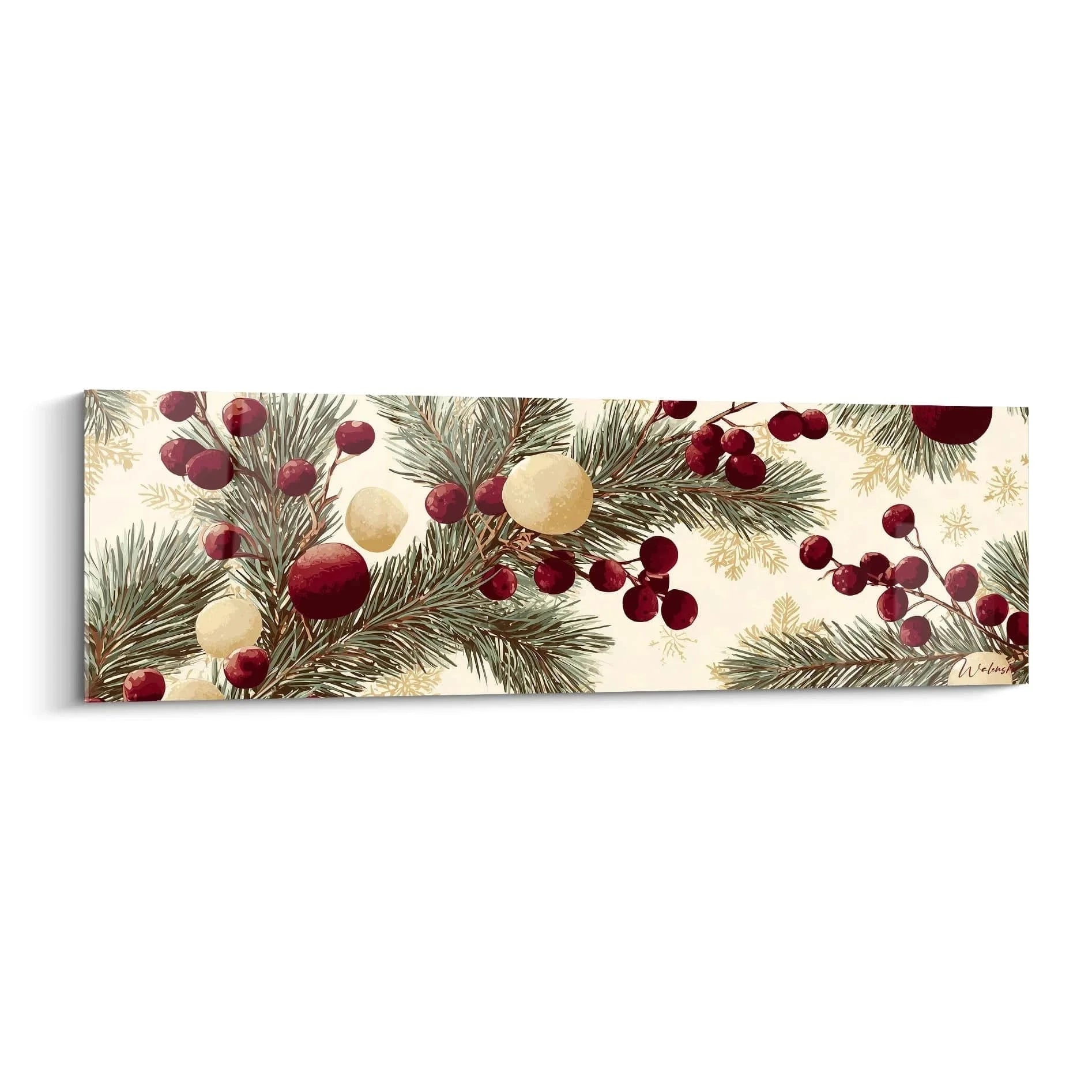 Wandbild mit Tannenzweigen und roten Beeren auf cremefarbenem Hintergrund - Edition Weihnachten Wanddekoration