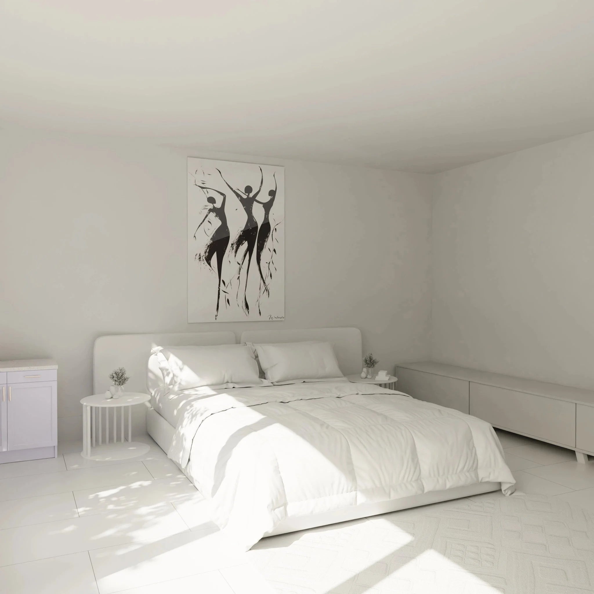 Wandbild tanzende Frauen in modernem Schlafzimmer - elegante schwarz weiß Dekoration an der Wand