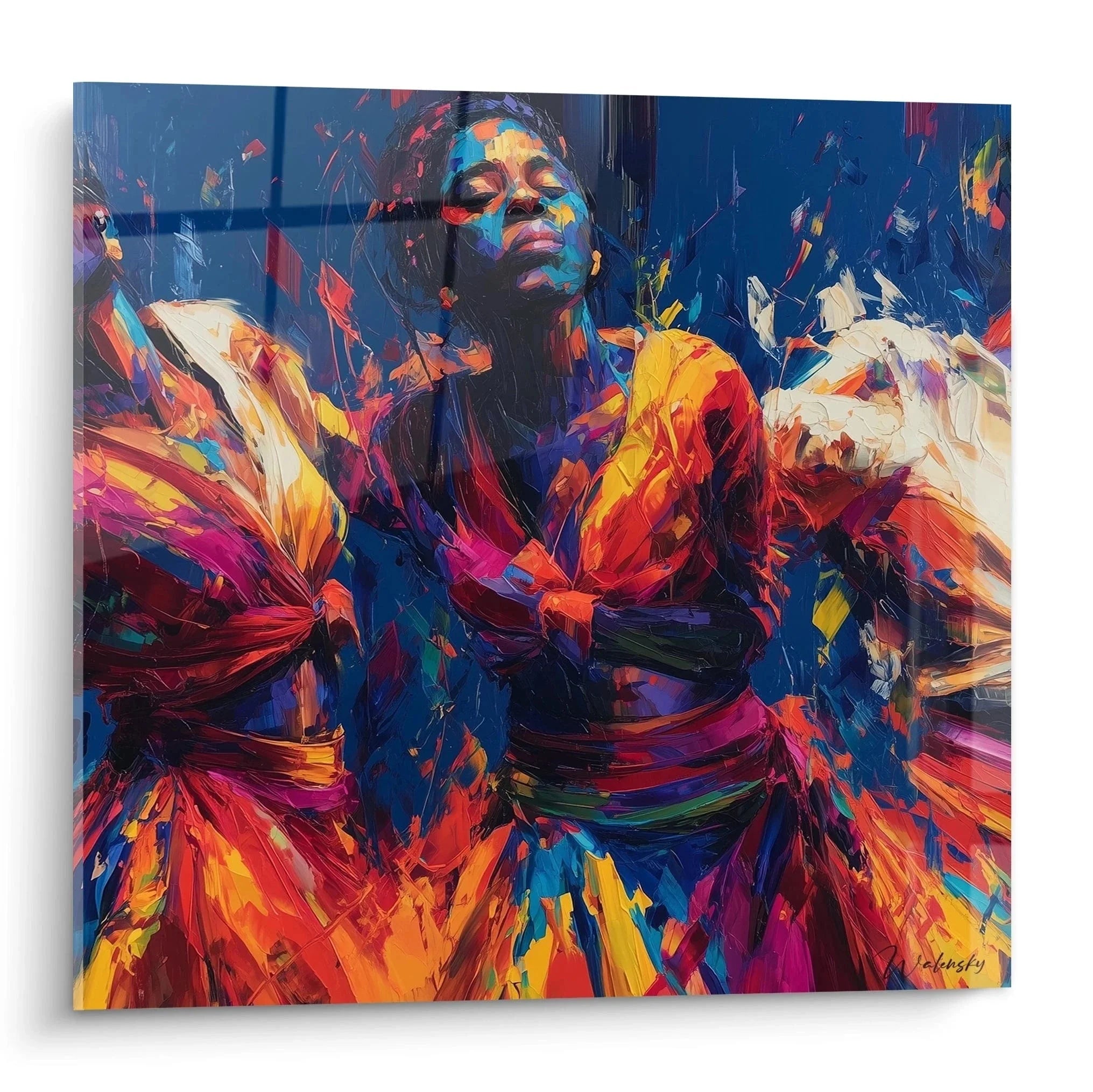 Wandbild tanzende afrikanische Frau in leuchtenden Farben, expressiver Tanz in dynamischer Malerei