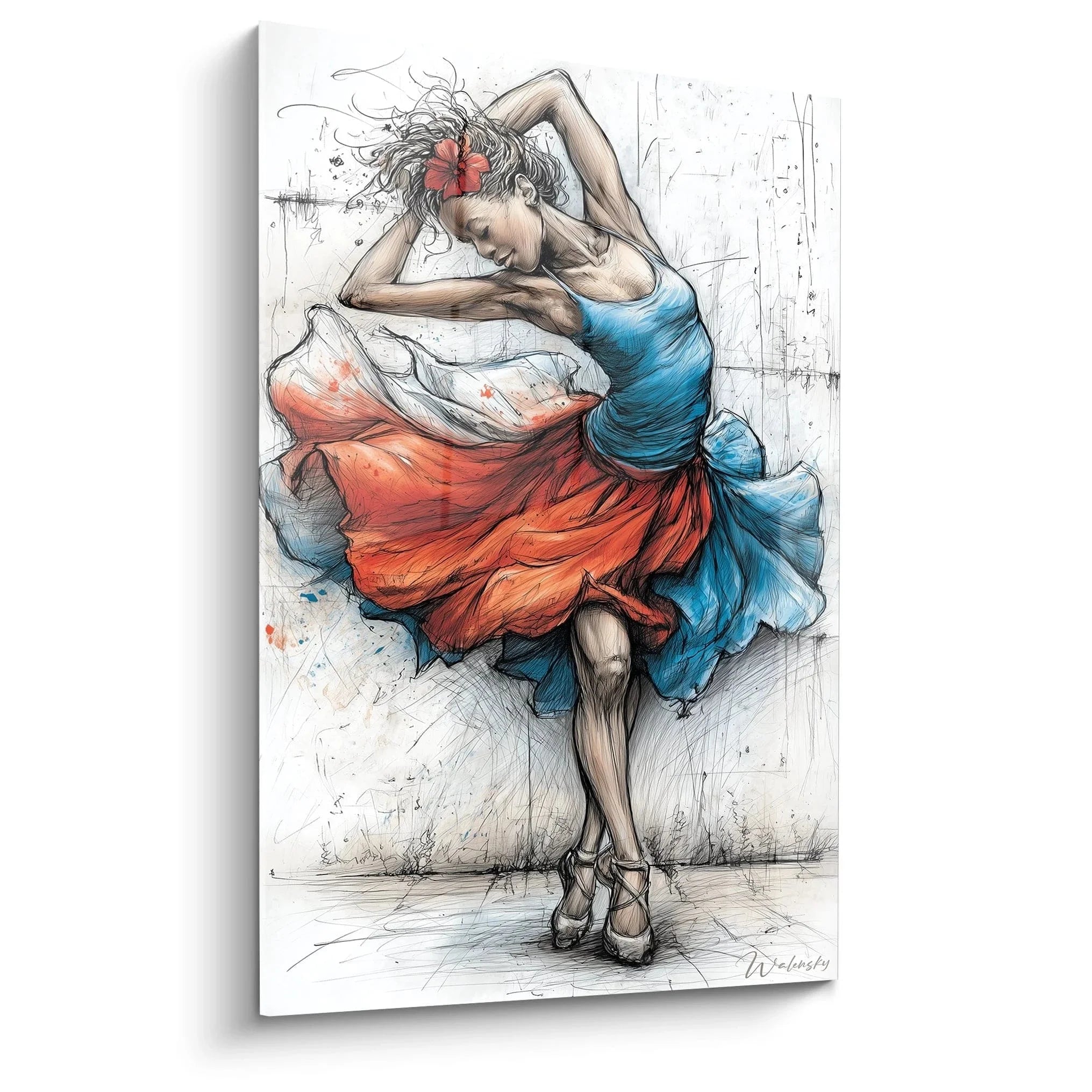 Wandbild tanzende Frau in rot-blauem Kleid mit Hibiskusblüte - Afrikanischer Tanz Edition