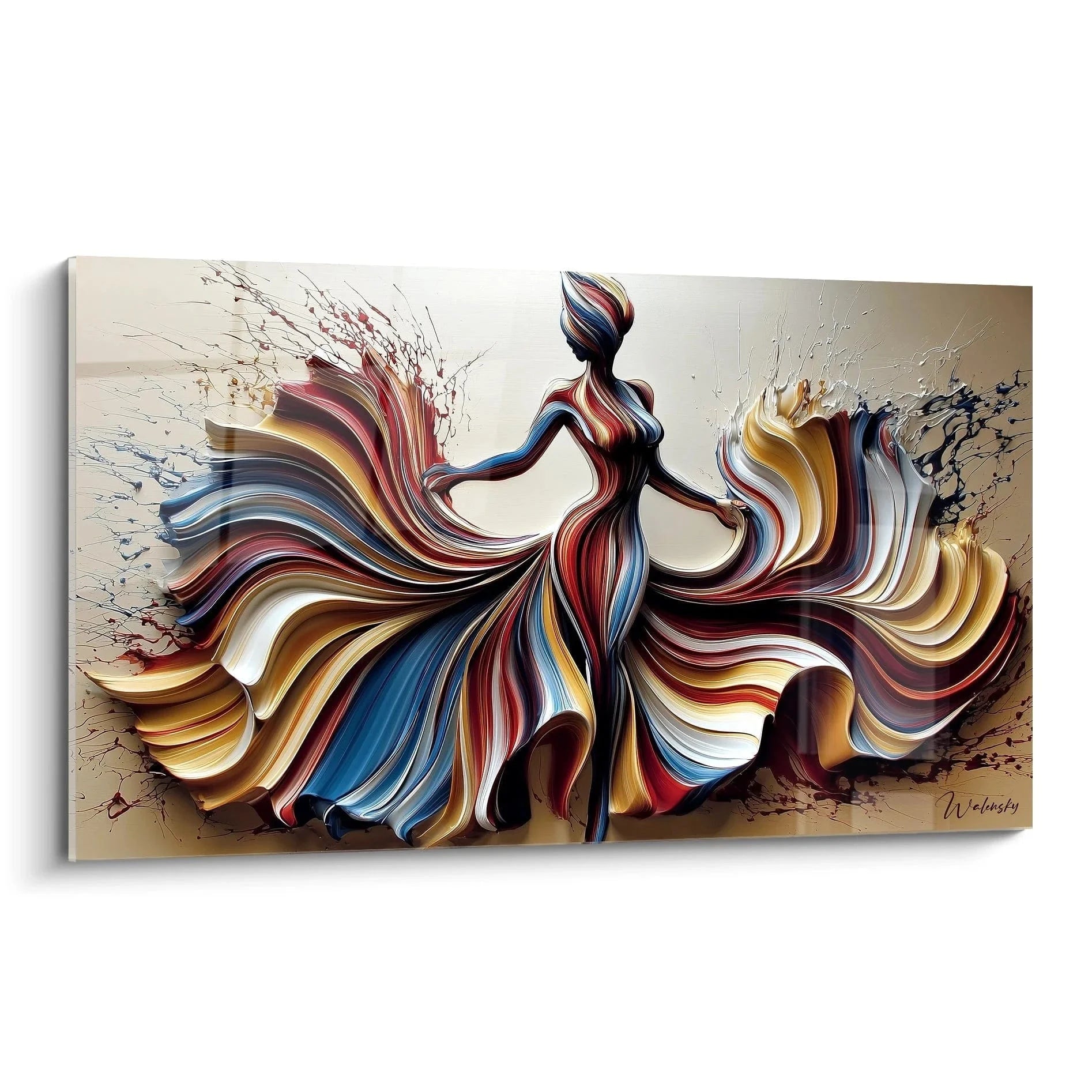 Wandbild tanzende Frau mit fließenden Farben in Rot, Blau und Gold - Edition Haute Couture Kunstdruck