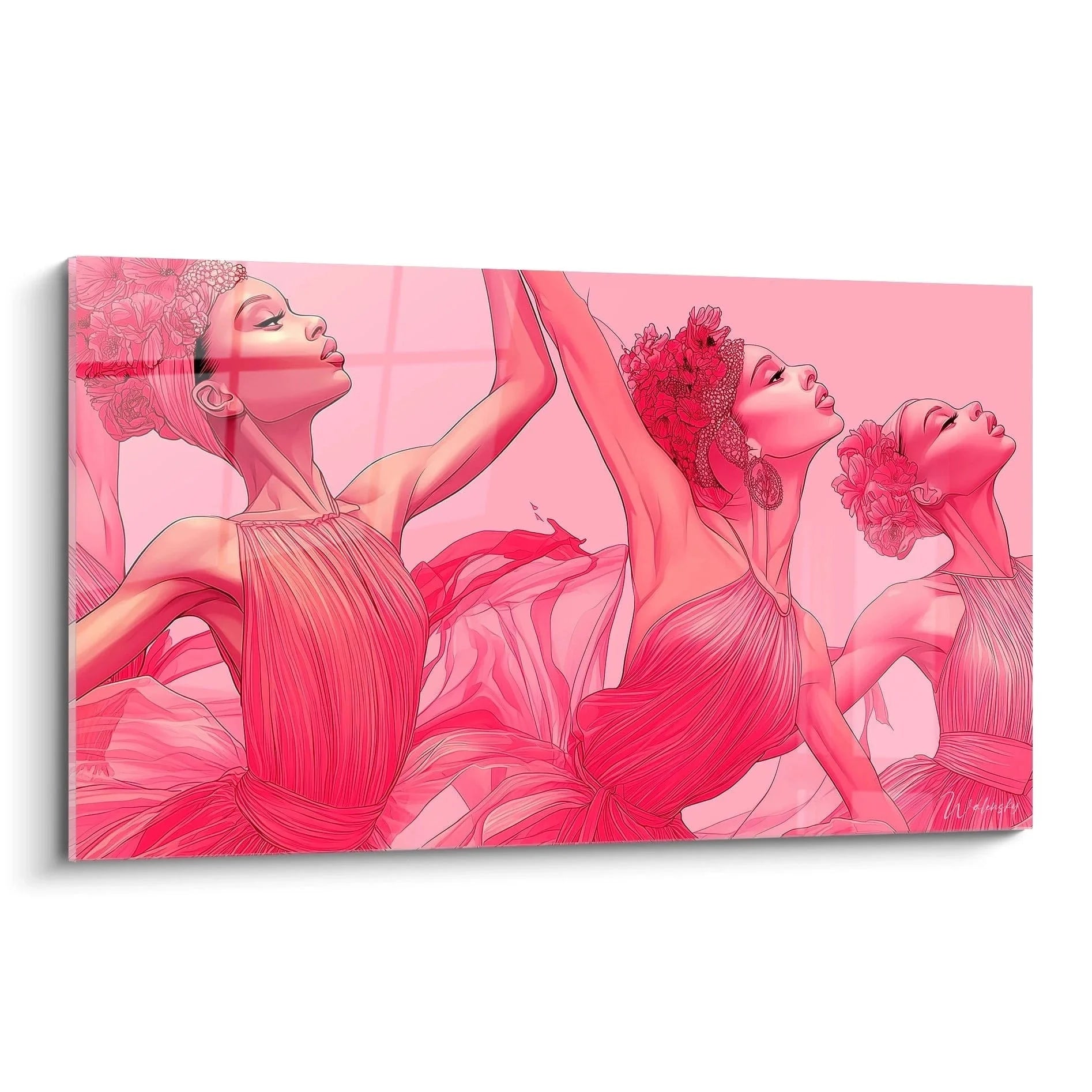 Wandbild tanzende Frauen in Rosa - Drei afrikanische Tänzerinnen mit Blumenkränzen