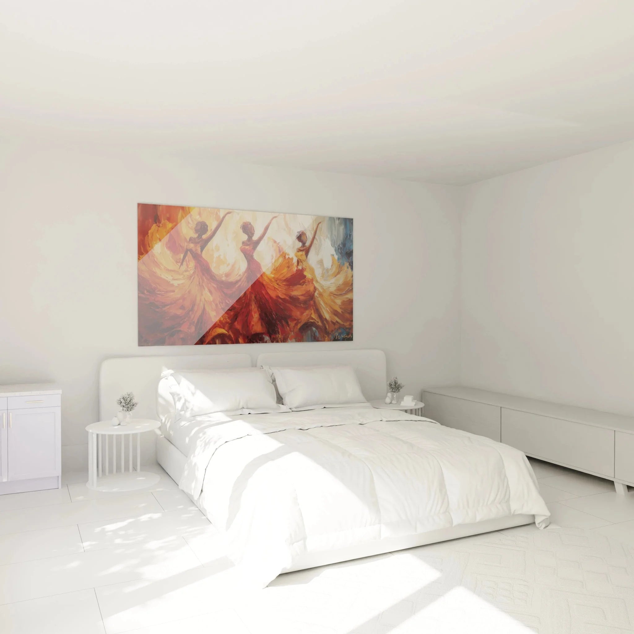 Wandbild tanzende Frauen im Schlafzimmer - Warme afrikanische Kunst Dekoration in Orange und Rot