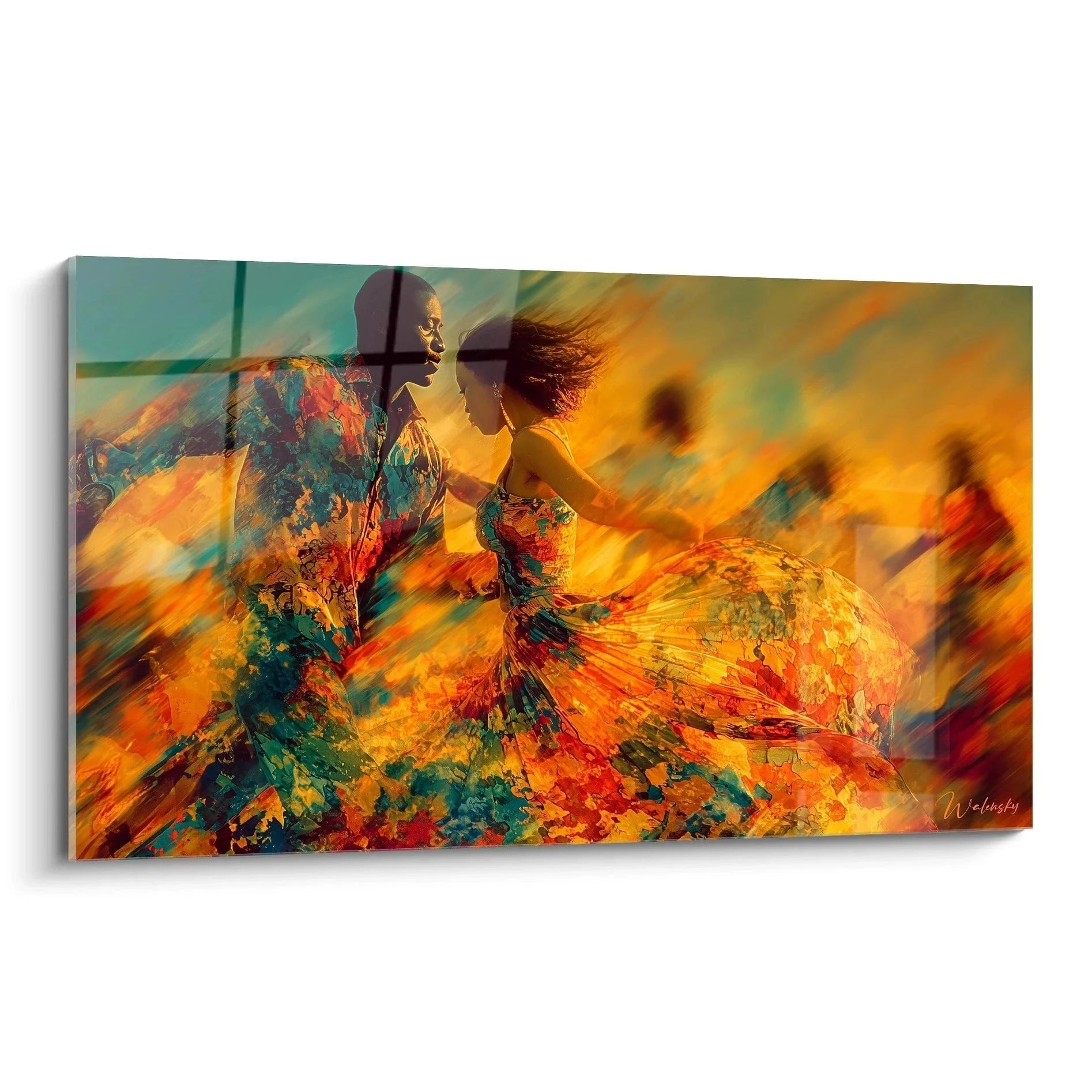 Wandbild Tanzpaar afrikanischer Tanz mit leuchtenden Farben Orange Gelb Türkis XXL Format