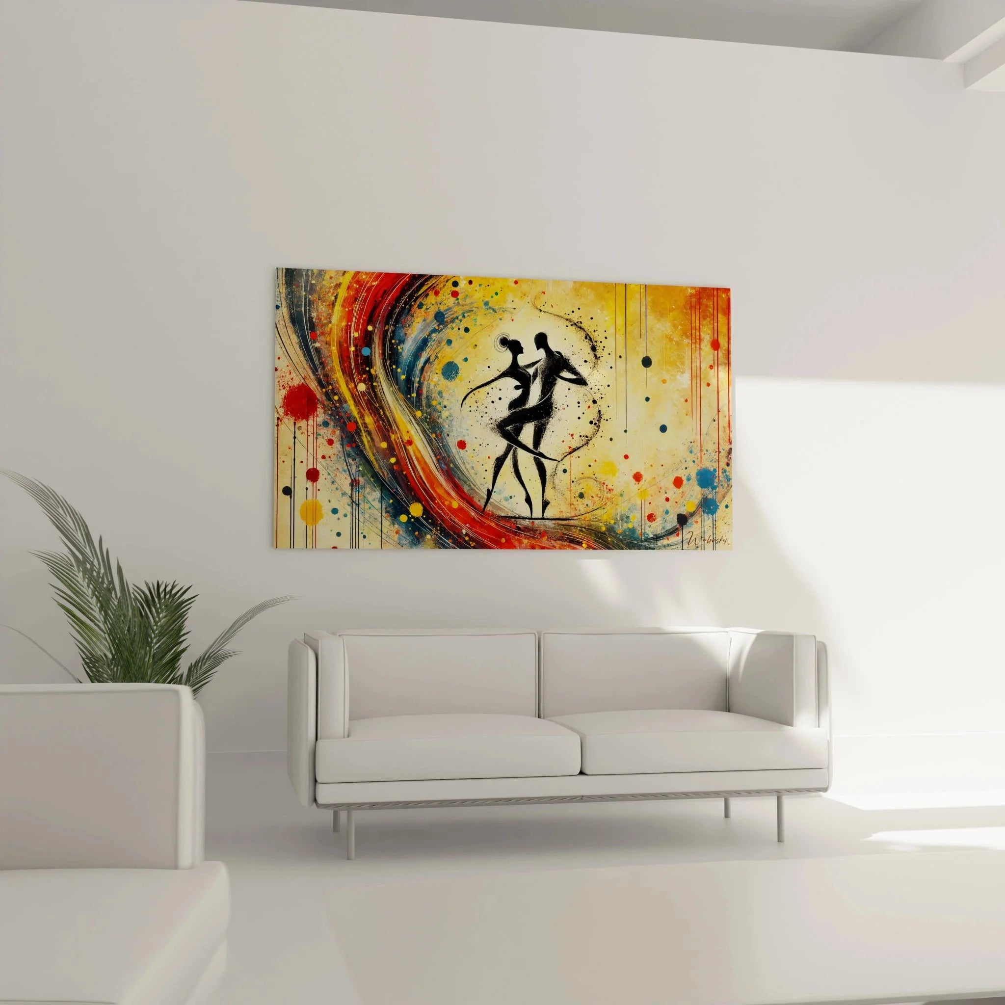 Detailansicht Wandbild Tanzpaar - Farbspritzer und Silhouetten in Gold, Rot und Orange Nahaufnahme