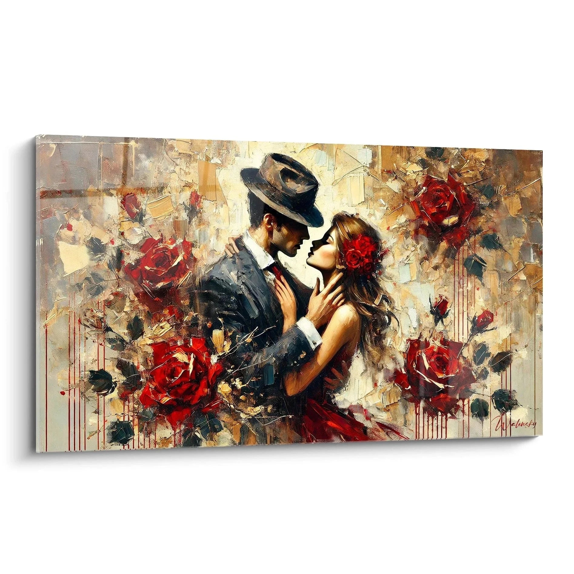 Romantisches Wandbild Tanzpaar mit roten Rosen im Tango-Stil, Mann mit Hut und Frau in inniger Umarmung