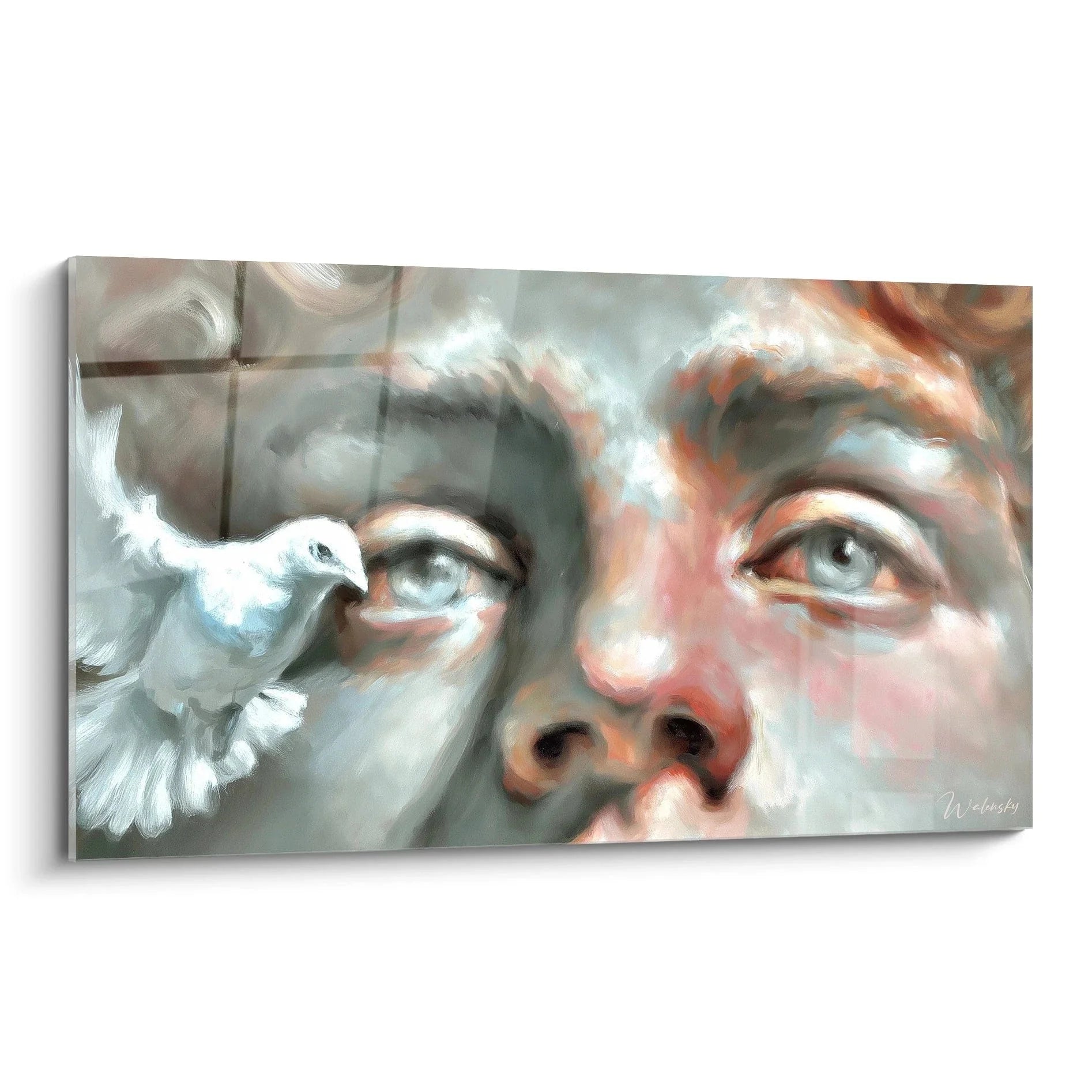 Hyperrealistisches Wandbild mit weißer Taube über Gesicht als Friedenssymbol in sanften Grau- und Rosatönen