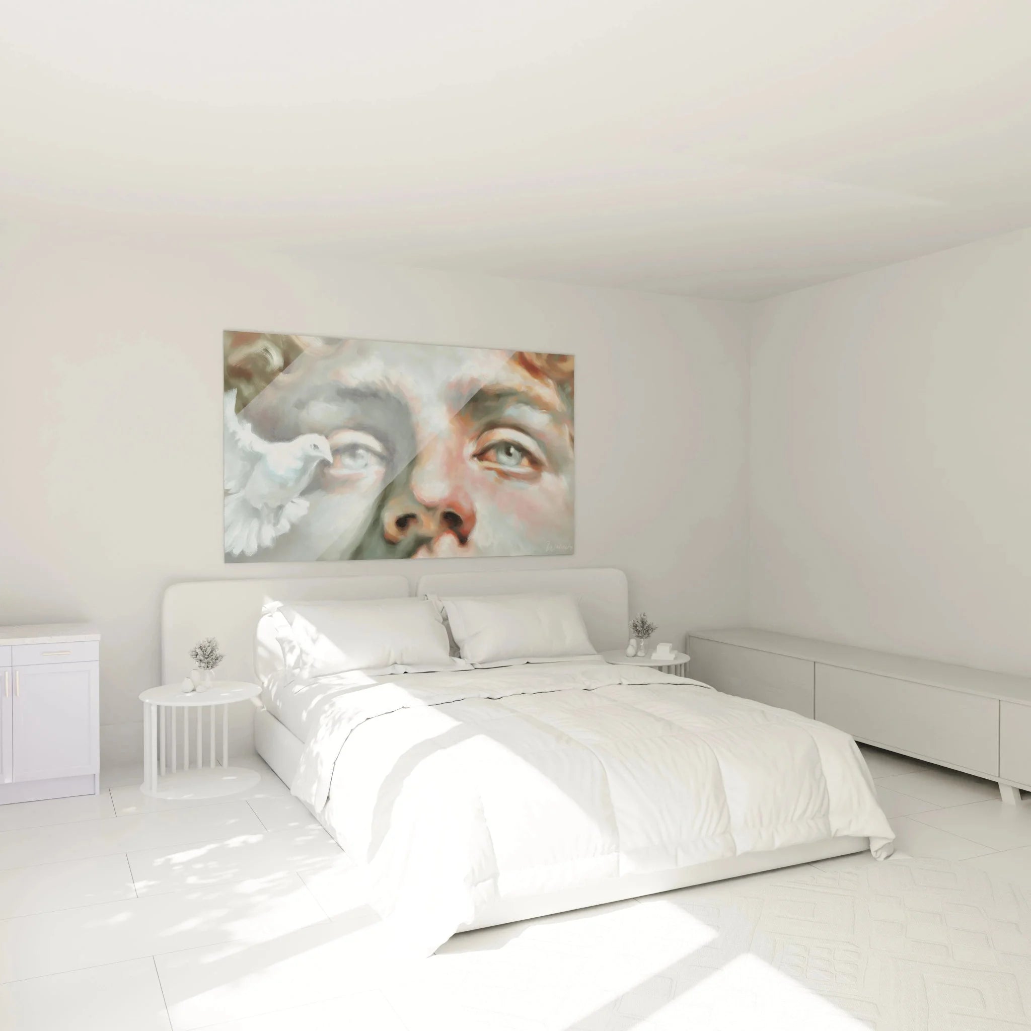Wandbild Taube Friedenssymbol in modernem Schlafzimmer - hyperrealistische Wandkunst als Raumakzent