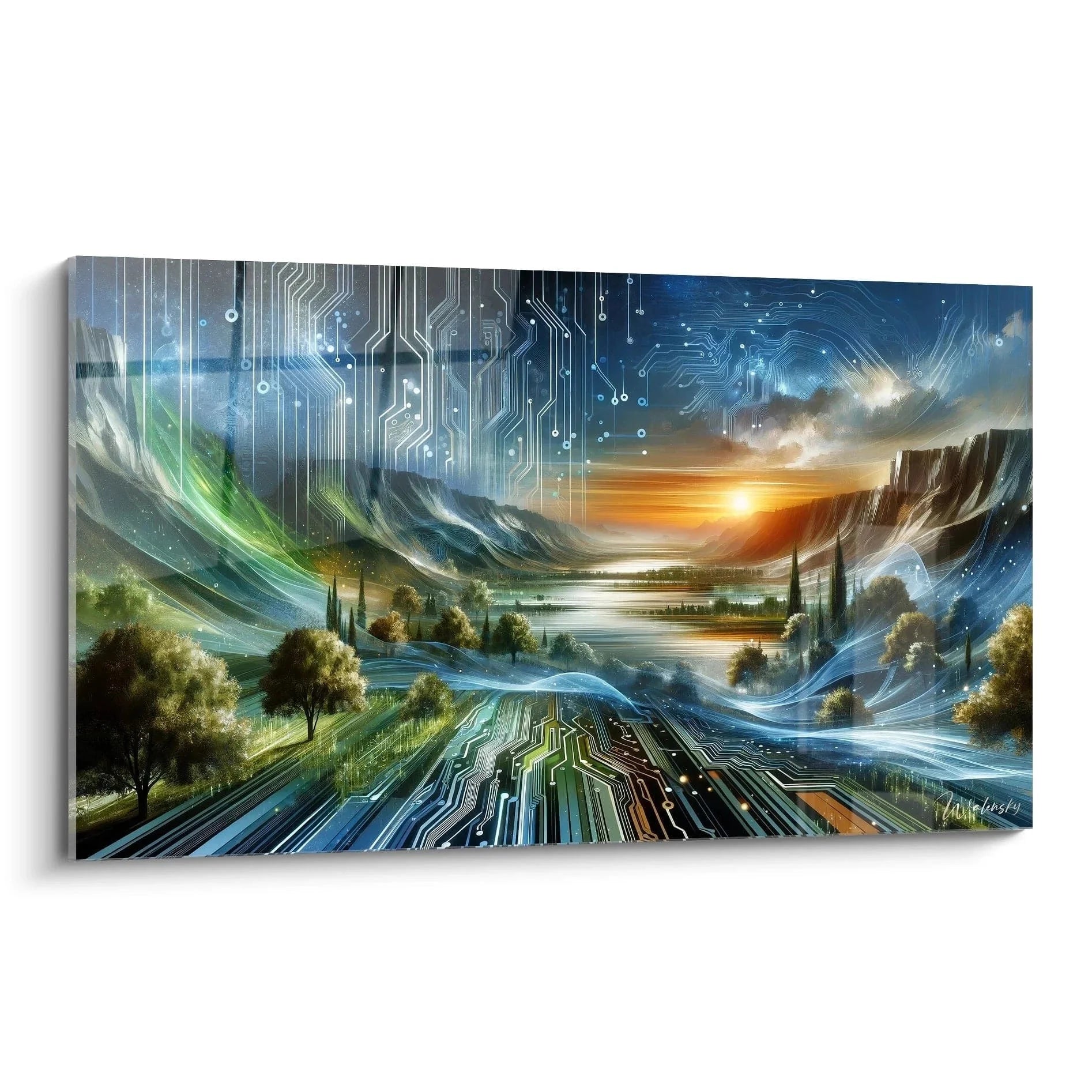 Wandbild technologische Landschaft mit digitalen Schaltkreisen und Naturmotiven - futuristische Wandkunst