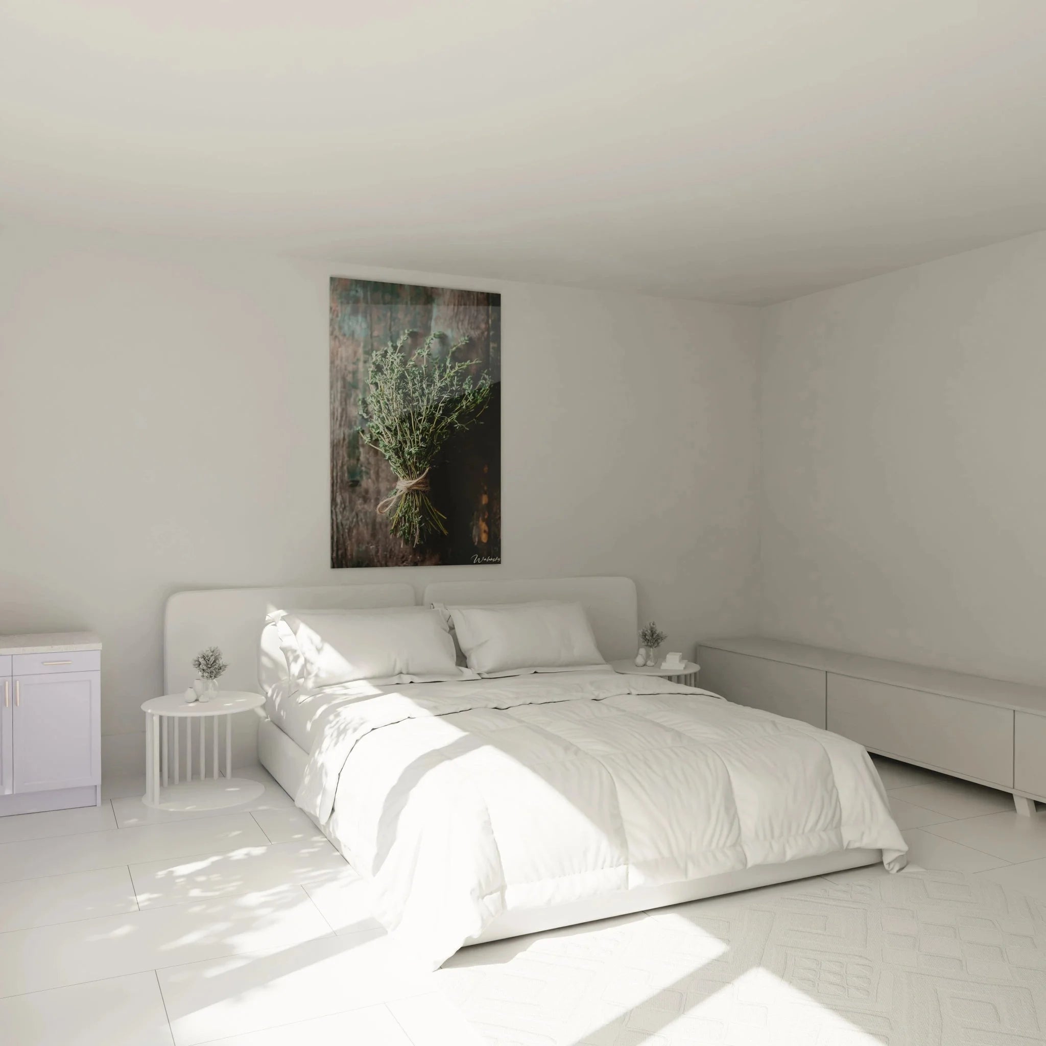 Wandbild Thymian Kräuter in Schlafzimmer Ambiente - natürliche Wanddekoration für Wohnräume