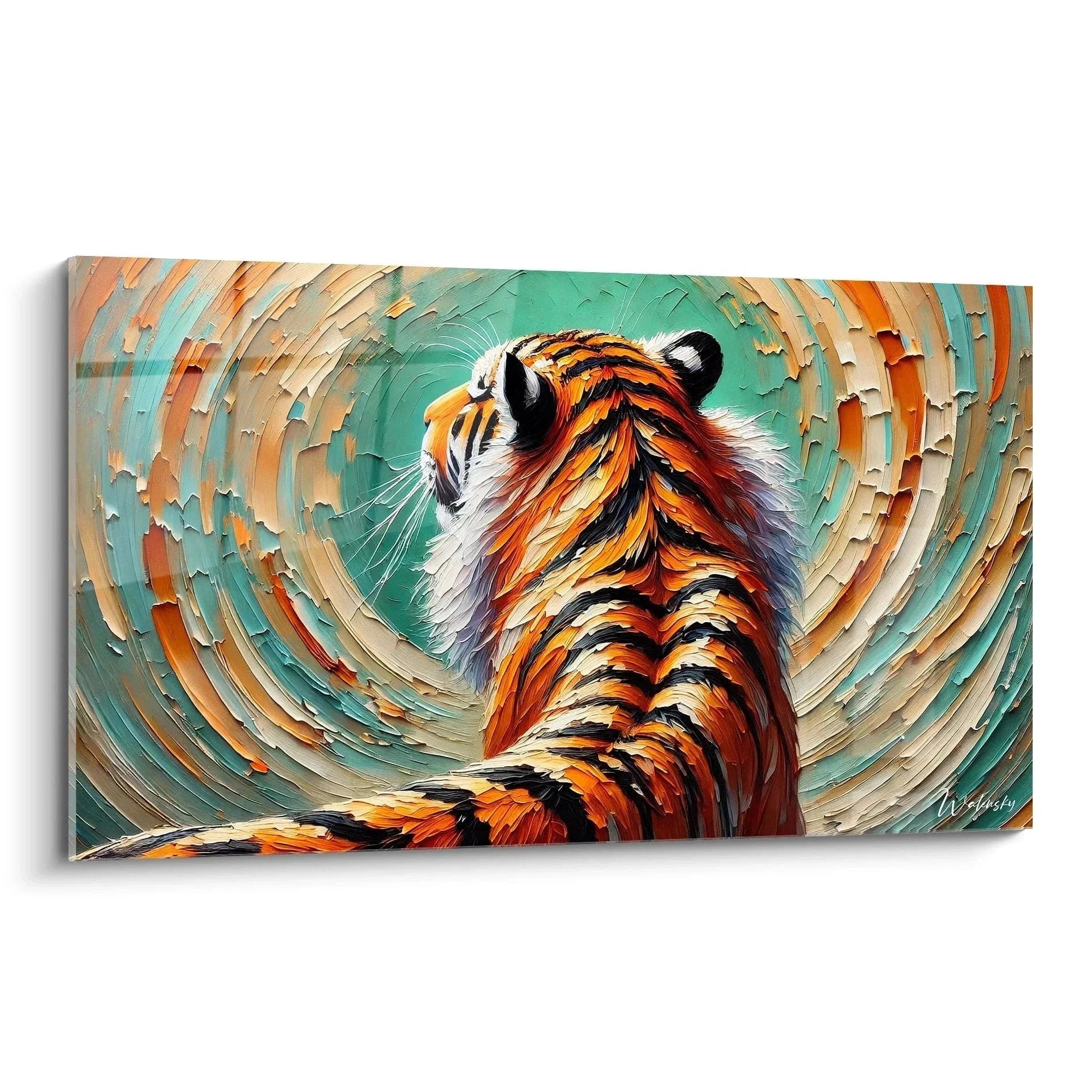 Wandbild Tiger abstrakt mit majestätischem Blick nach oben, moderne Kunst in orange-türkisen Farben