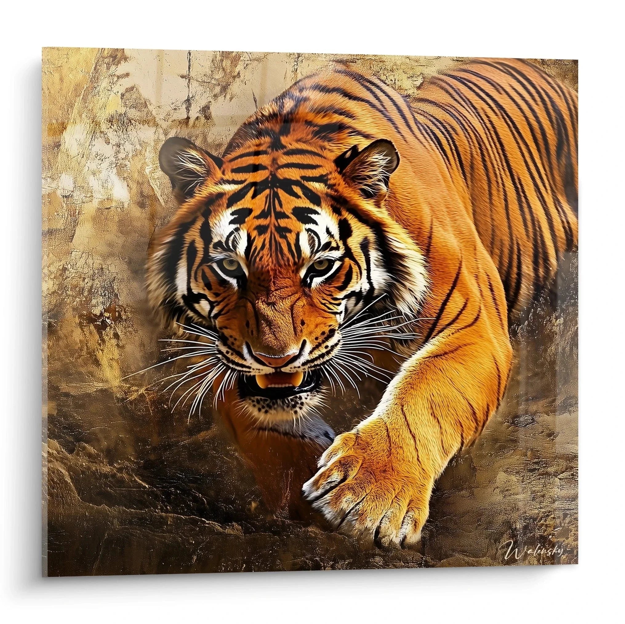 Wandbild Tiger bengalisch - majestätischer Tigerkopf mit orangen Streifen auf steinigem Hintergrund