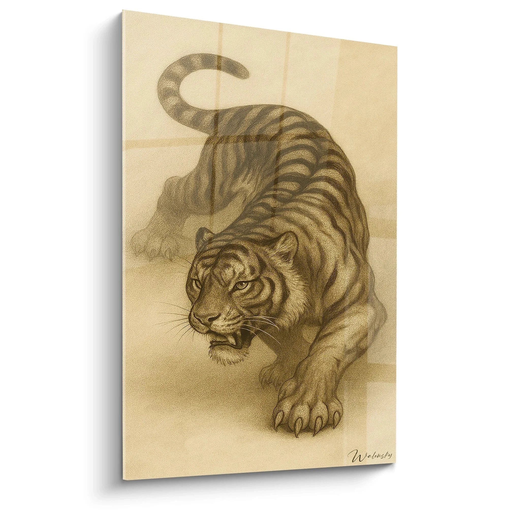 Wandbild Tiger in chinesischem Stil - Majestätische Raubkatze Wandkunst in Sepia-Tönen für edle Raumdekoration