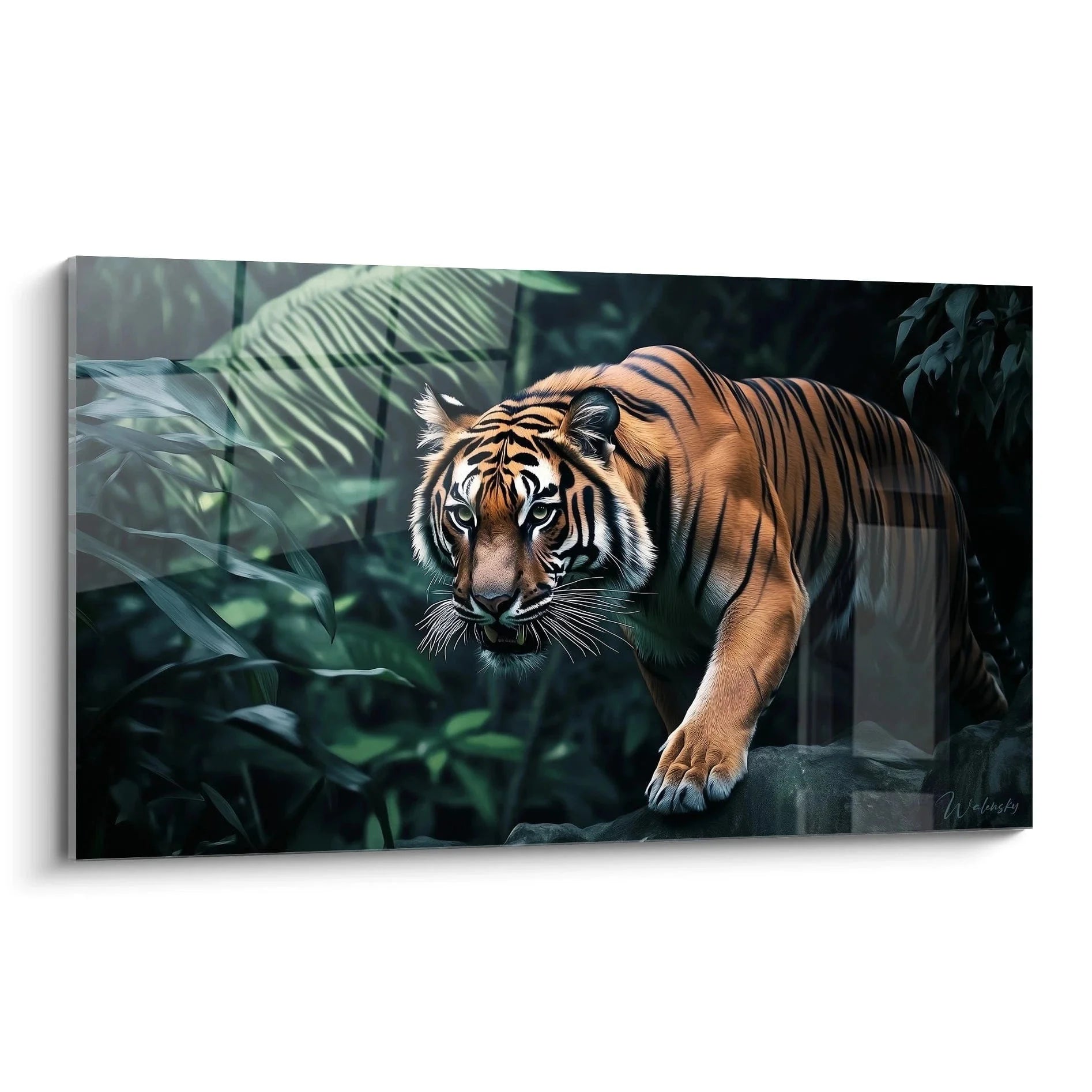 Wandbild Tiger im Dschungel - Majestätische Raubkatze zwischen tropischen Pflanzen auf Leinwand XXL