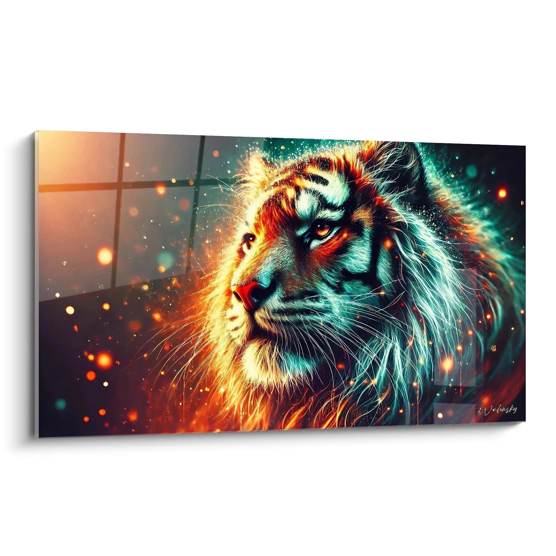 Wandbild Tiger Fantasy mit Feuereffekten und mystischen Lichtpartikeln in Orange und Türkis Farbtönen