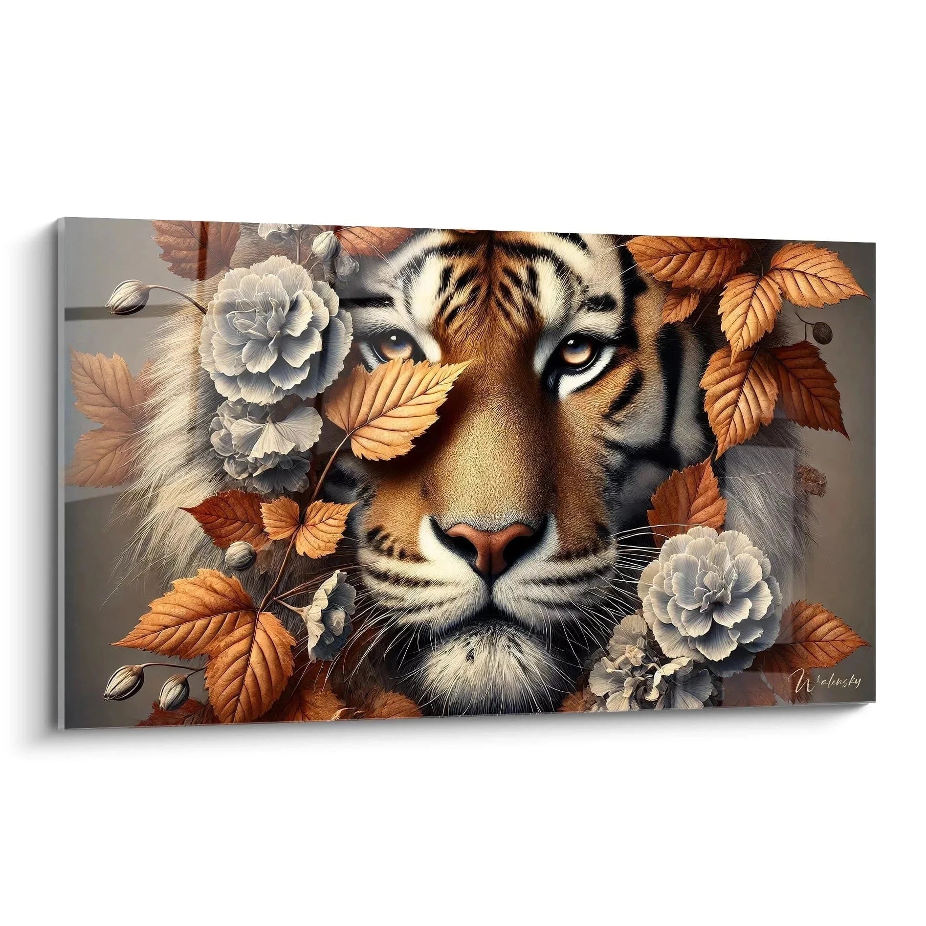 Wandbild Tiger mit herbstlichen Blättern und Blüten - Majestätisches Raubtier Kunstdruck XXL