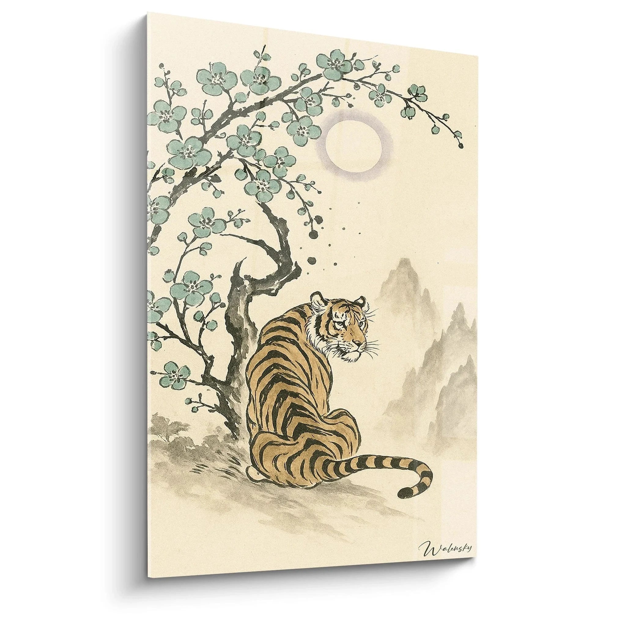 Wandbild Tiger unter Kirschblüten im chinesischen Stil mit Vollmond und Berglandschaft