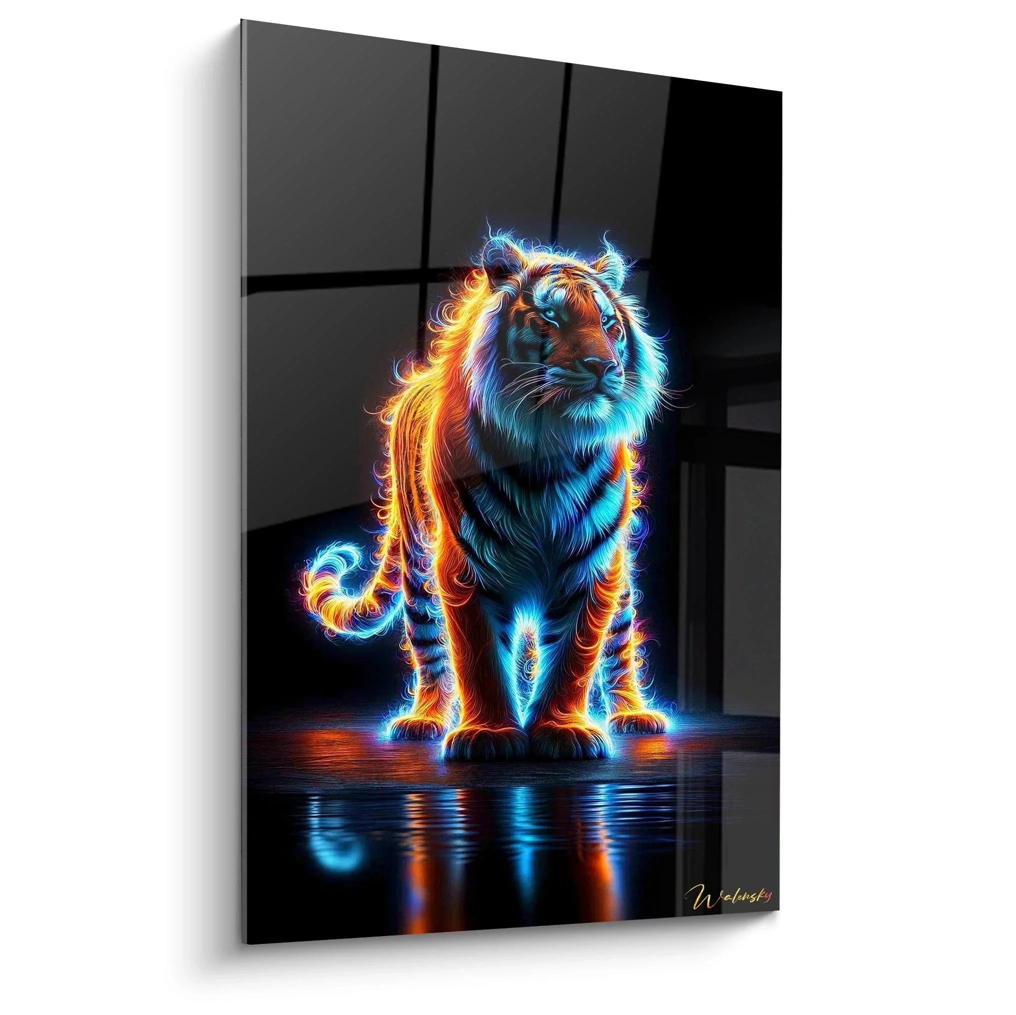 Wandbild Tiger Neon mit elektrischen Effekten in leuchtenden Blau und Orange Tönen