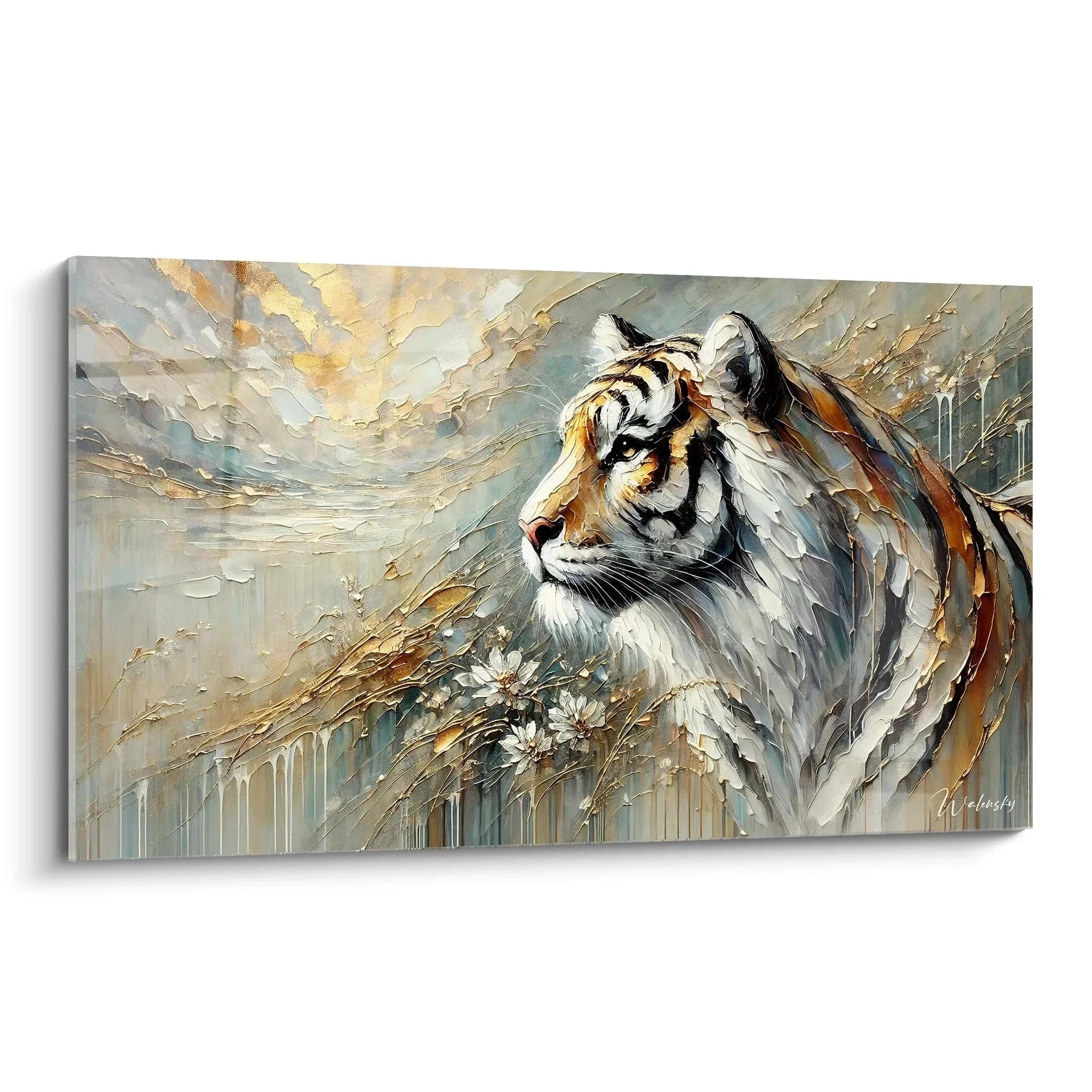 Wandbild Tiger im Regen mit majestätischem Blick, moderne Tierkunst XXL für Wohnzimmer