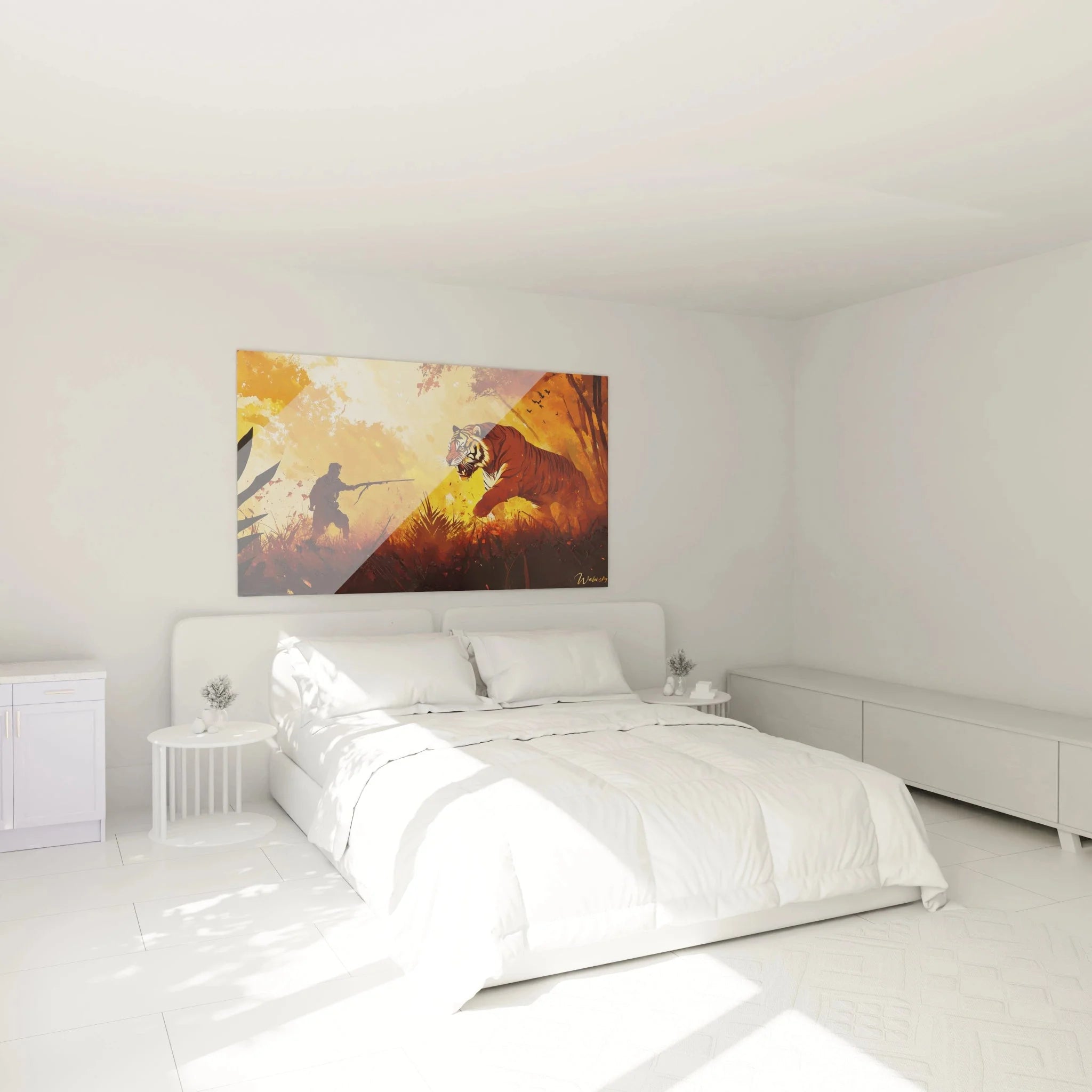 Wandbild Tiger Dschungel im Schlafzimmer - warme Goldtöne schaffen gemütliche Atmosphäre