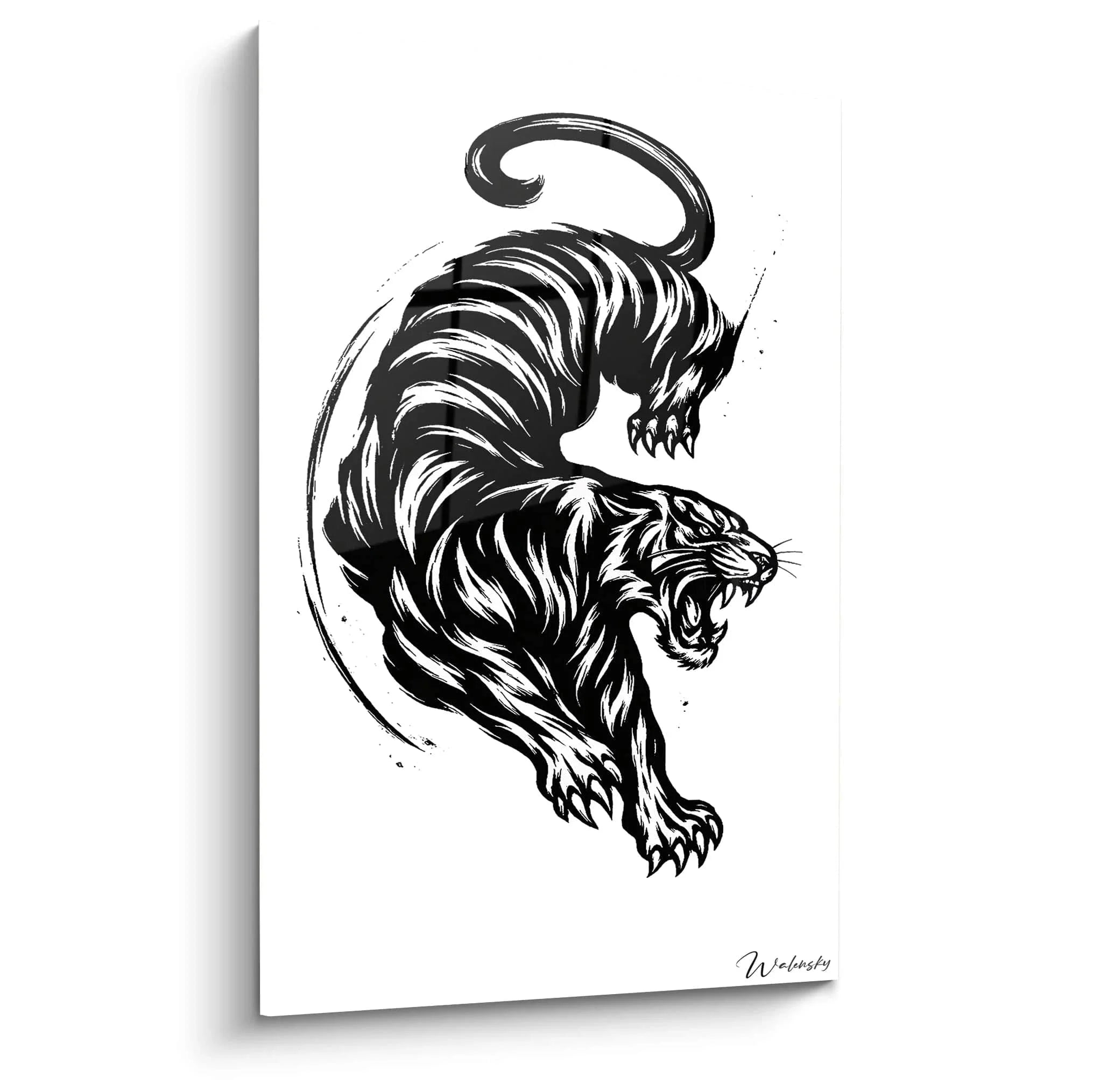 Wandbild Tiger schwarz-weiß in kraftvoller Sprungpose, chinesische Tuschemalerei Stil