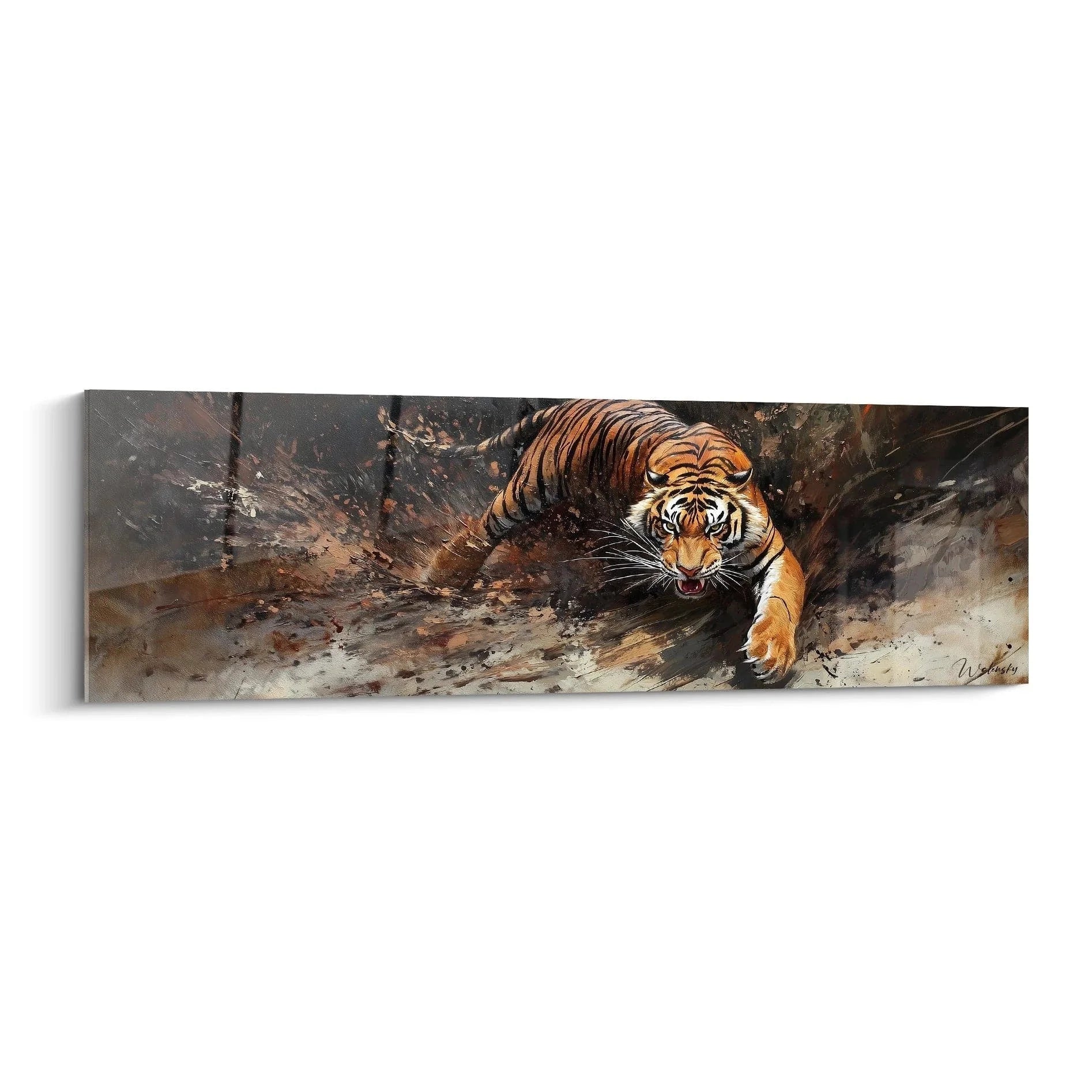 Wandbild Tiger im Sprung mit Wasserspritzern, dynamische Raubkatzen-Kunst in XXL Format für Wanddekoration