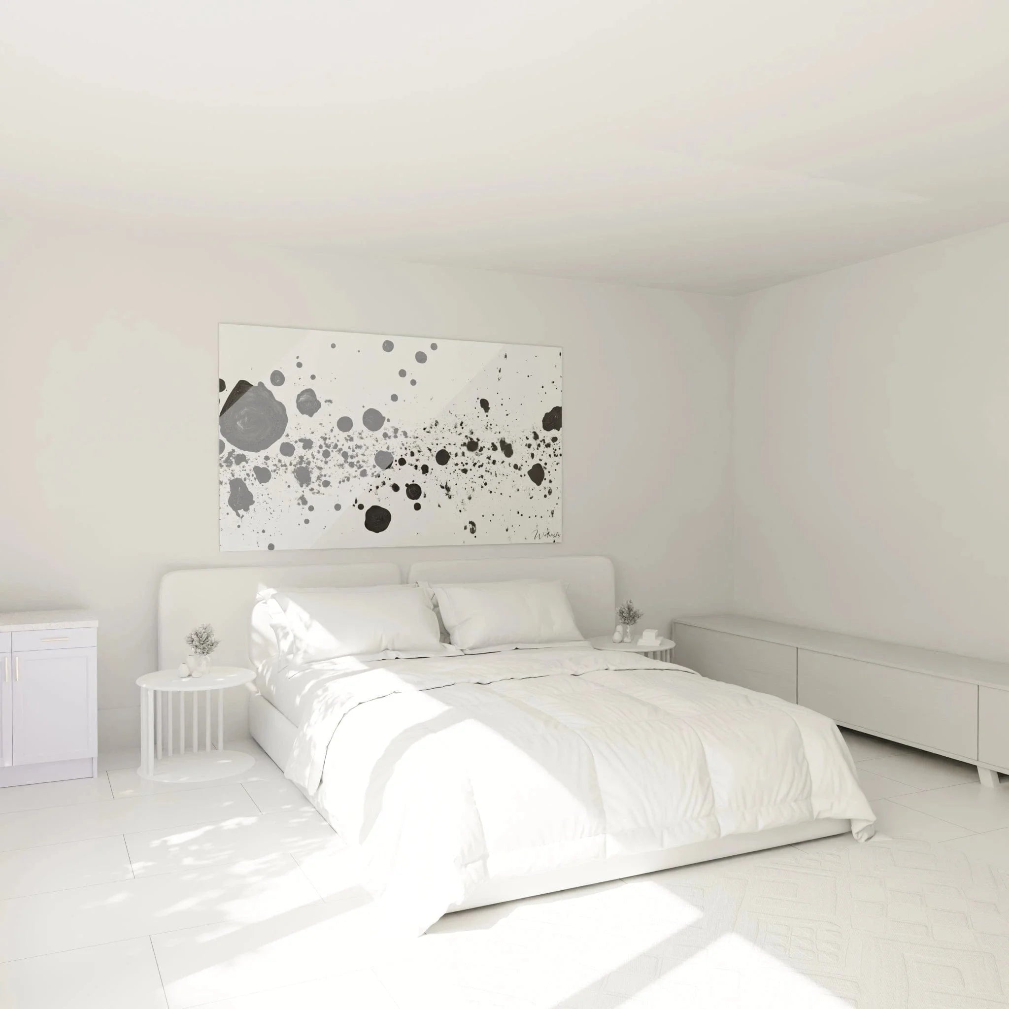 Wandbild abstrakte Tintenspritzer in Schwarz-Weiß als stilvolle Schlafzimmer Dekoration über dem Bett