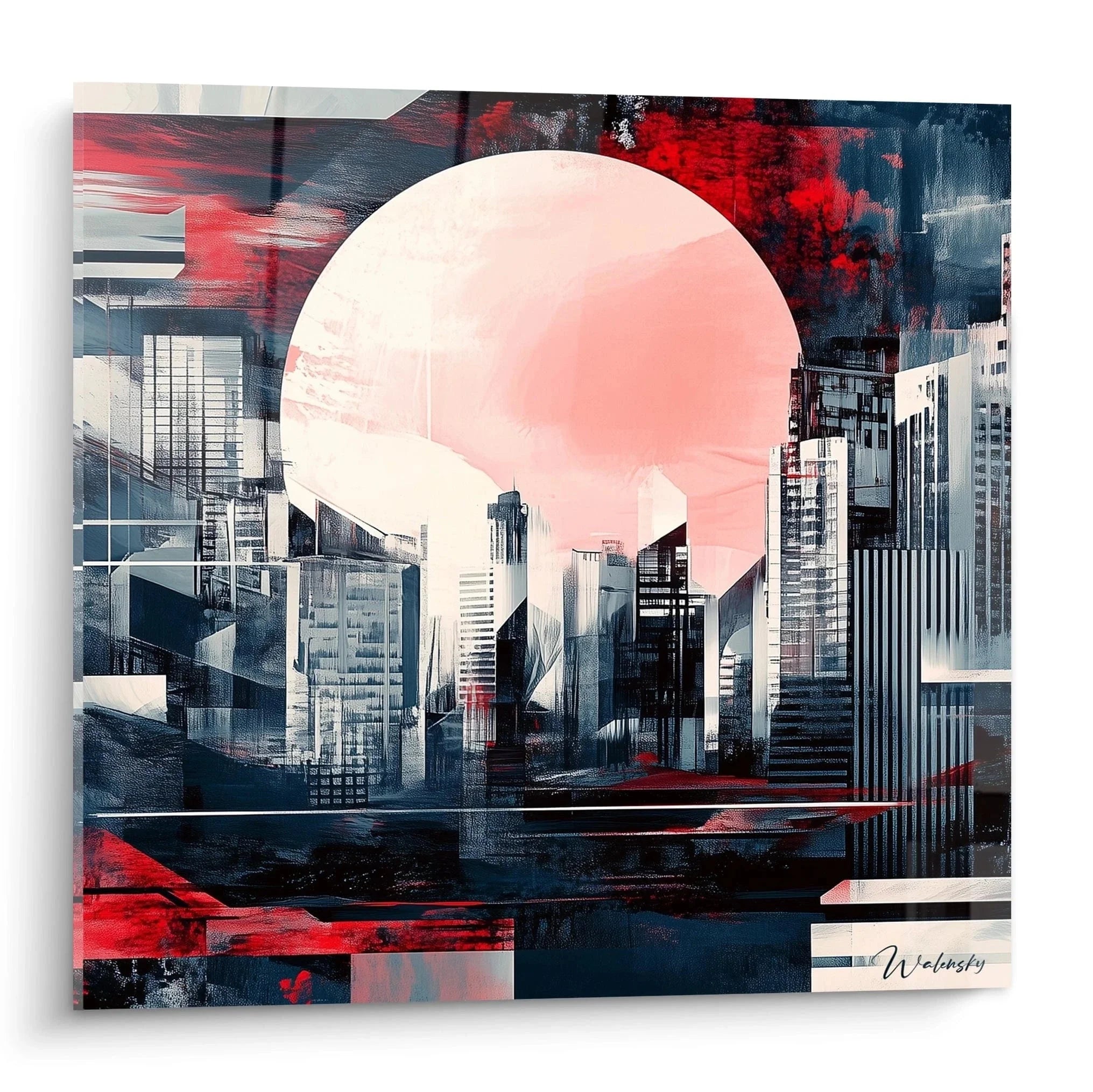 Modernes Wandbild Tokio Skyline mit abstrakter Malerei und roter Sonne - Edition Japan