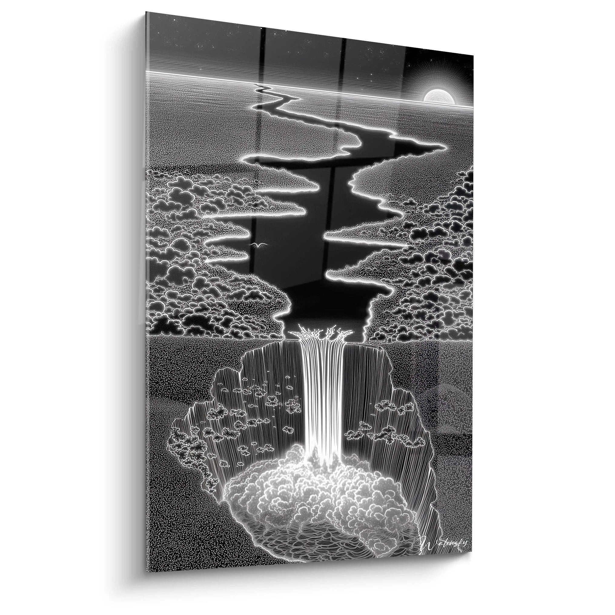 Wandbild Tornado Wasserfall schwarz-weiß mit mystischen Naturgewalten und dramatischen Wolkenformationen