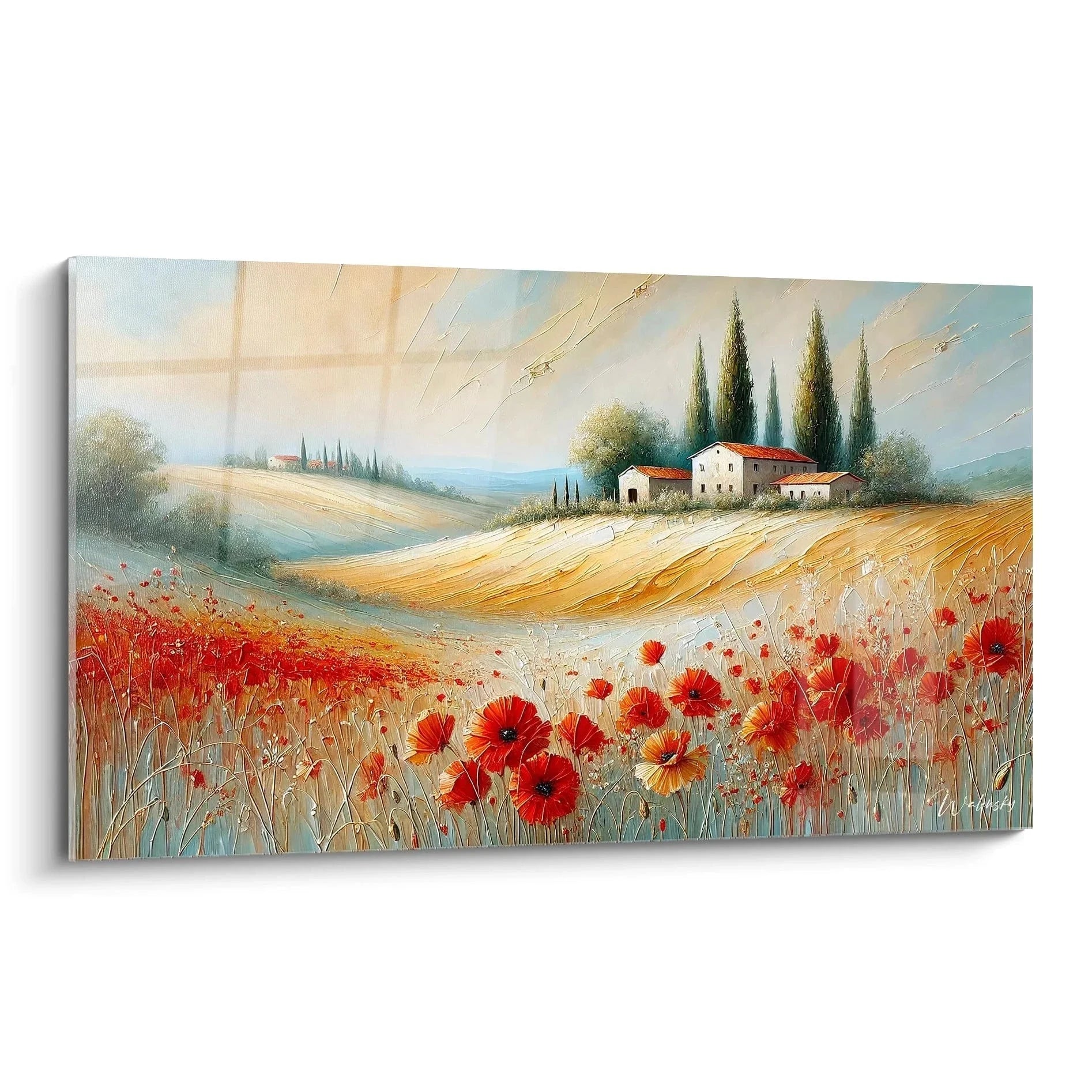 Wandbild Toskana Landschaft mit rotem Mohnfeld und Zypressen vor italienischer Villa