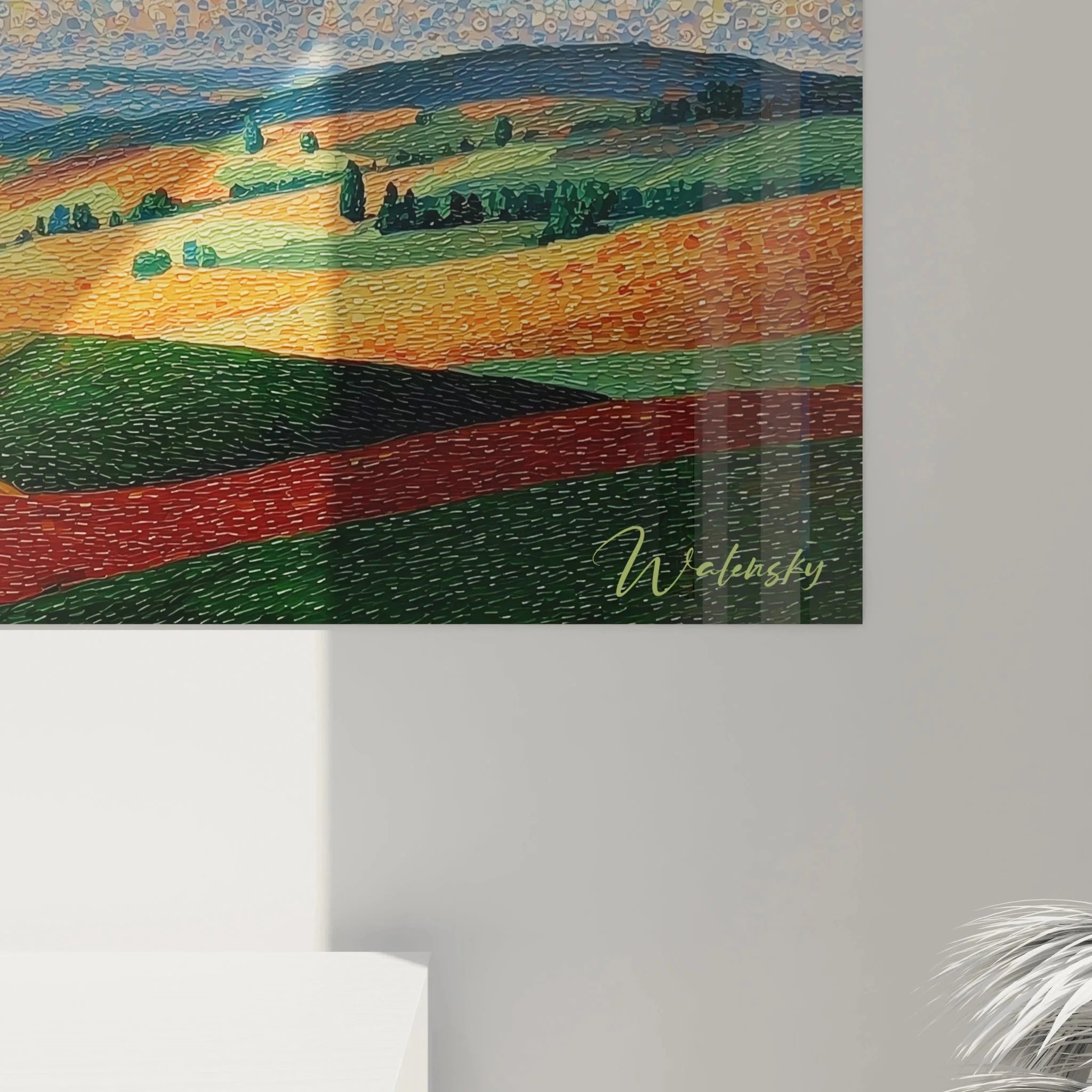Gesamtansicht Wandbild Hügellandschaft Pointillismus mit toskanischer Landschaft und Wolkenhimmel XXL Format
