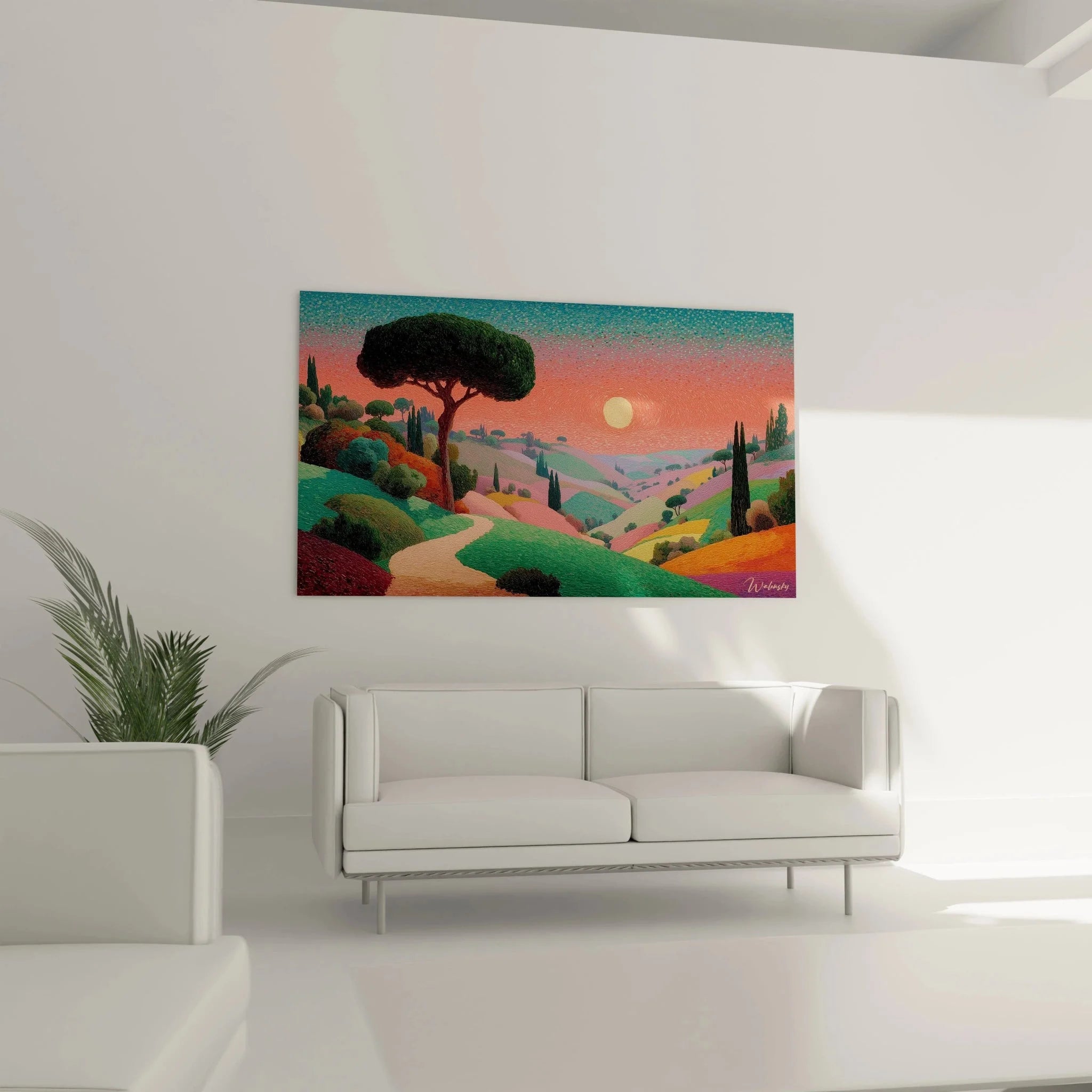 Nahaufnahme Wandbild toskanische Landschaft Pointillismus Technik Farbdetails mediterran