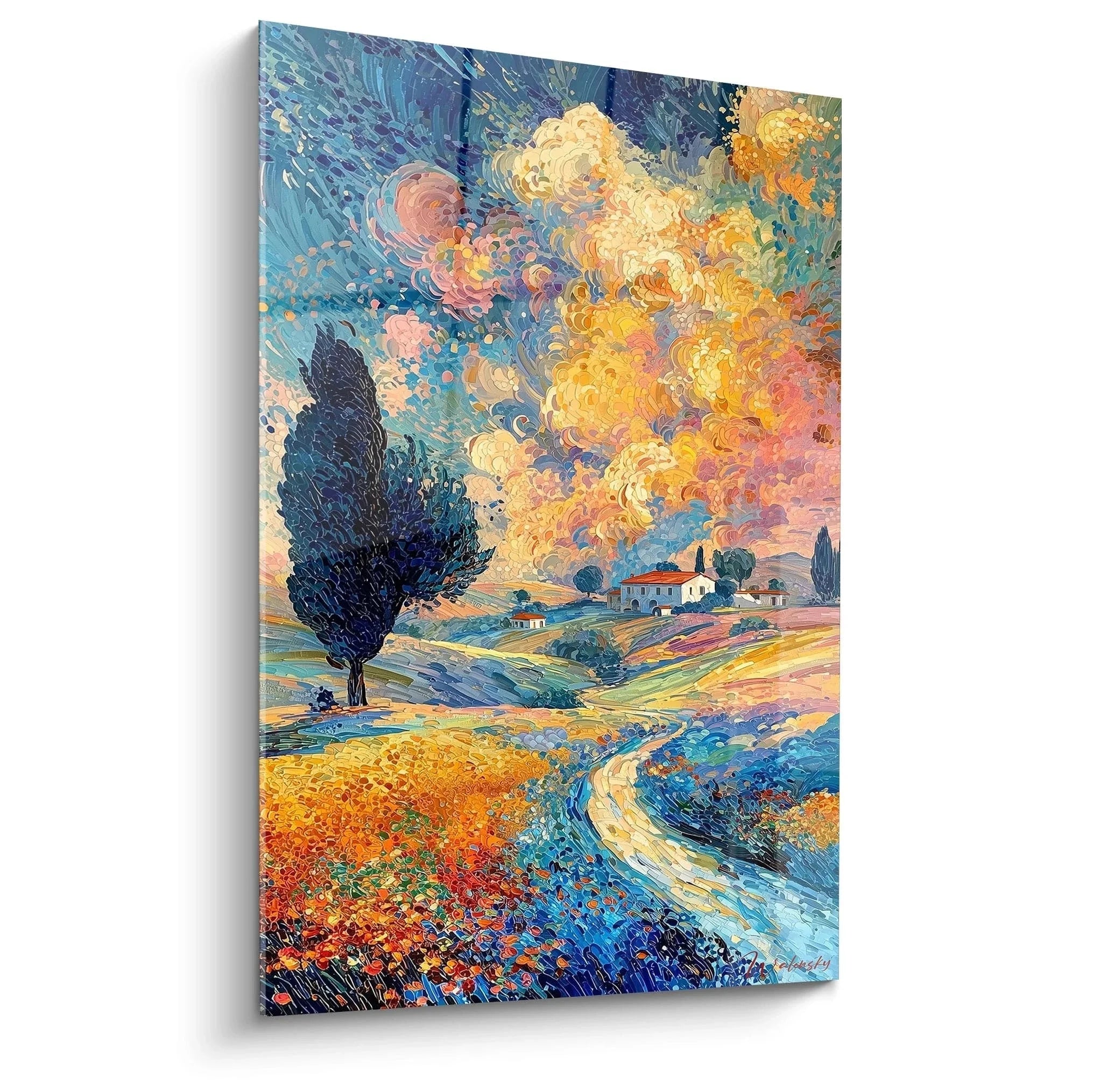 Wandbild Toskana Pointillismus mit Zypresse und Sturm über Hügellandschaft in leuchtenden Farben