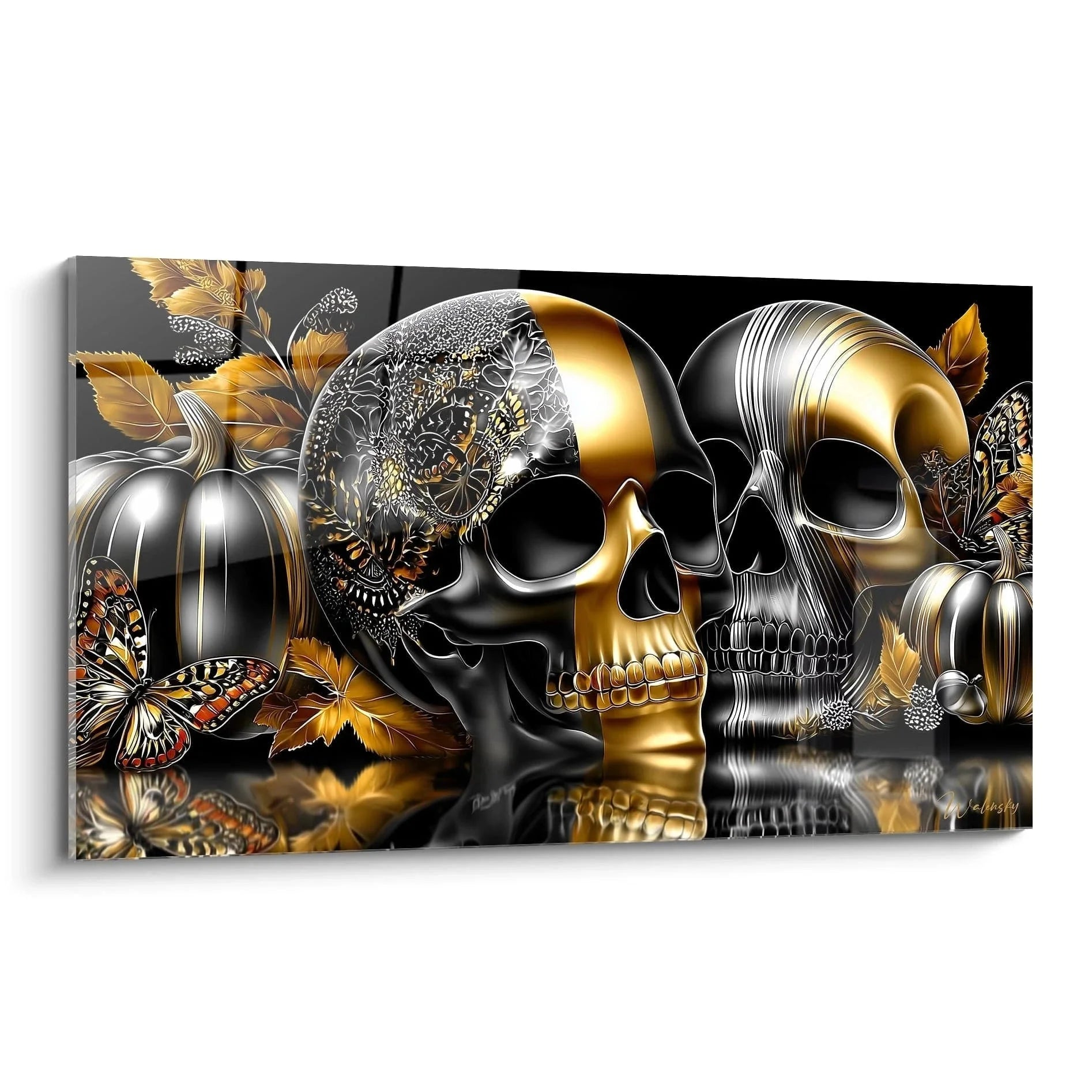 Wandbild Totenkopf Halloween mit goldenen Skulls und Herbstdekoration - Gothic Wanddeko XXL