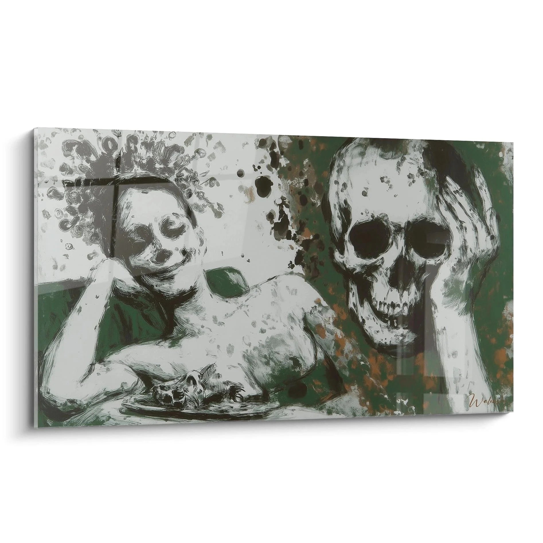Wandbild Totenkopf mit Medusa - Vanitas Kunstwerk in grün-weißer Farbgebung für moderne Wohnräume