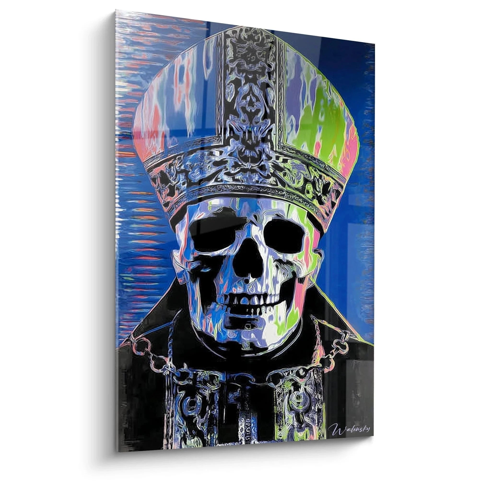 Wandbild Totenkopf Papst in psychedelischen Farben, moderne Vanitas Kunst mit religiöser Symbolik