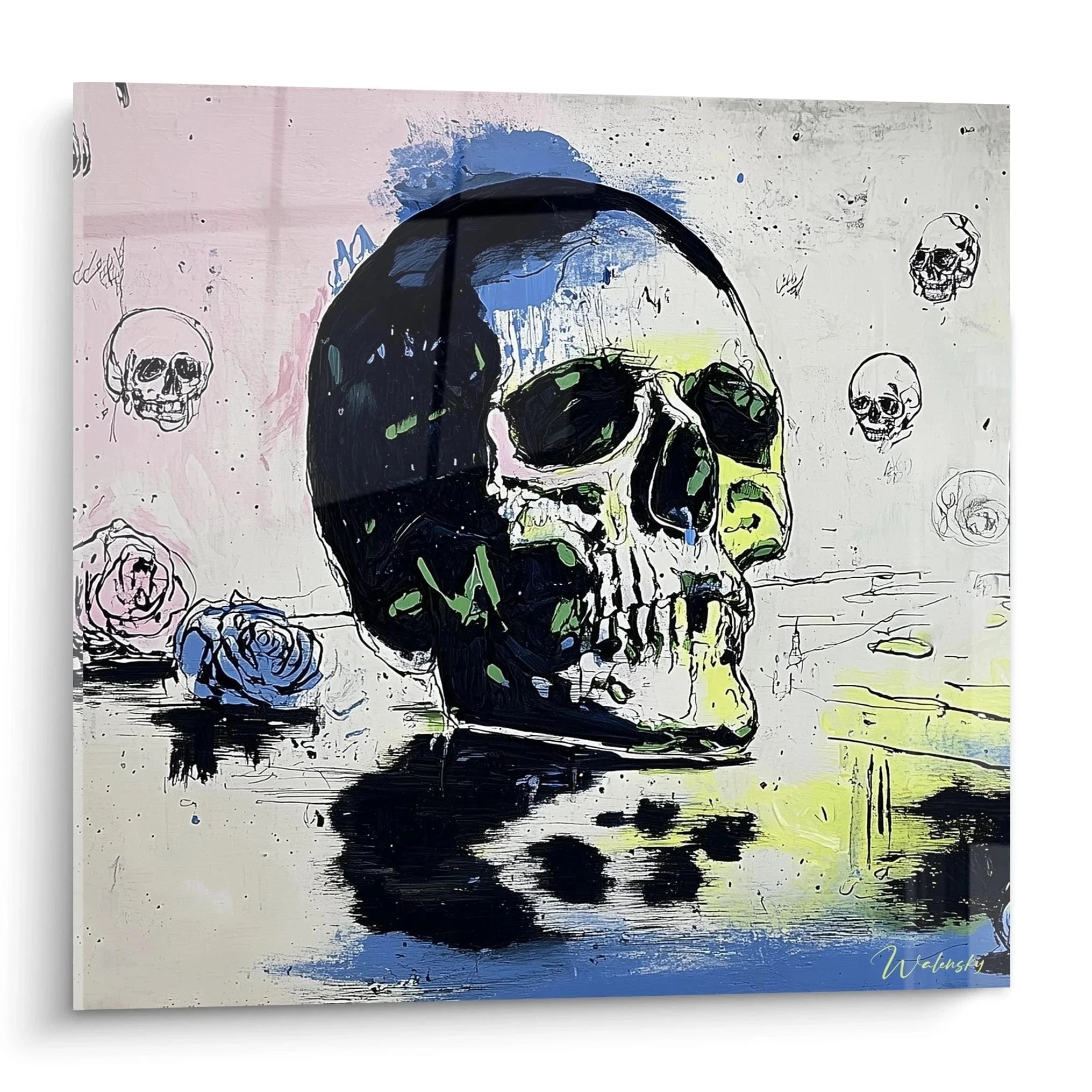 Wandbild Totenkopf mit Rosen - Moderne Vanitas Kunst mit expressiver Maltechnik in Pastell- und Schwarztönen