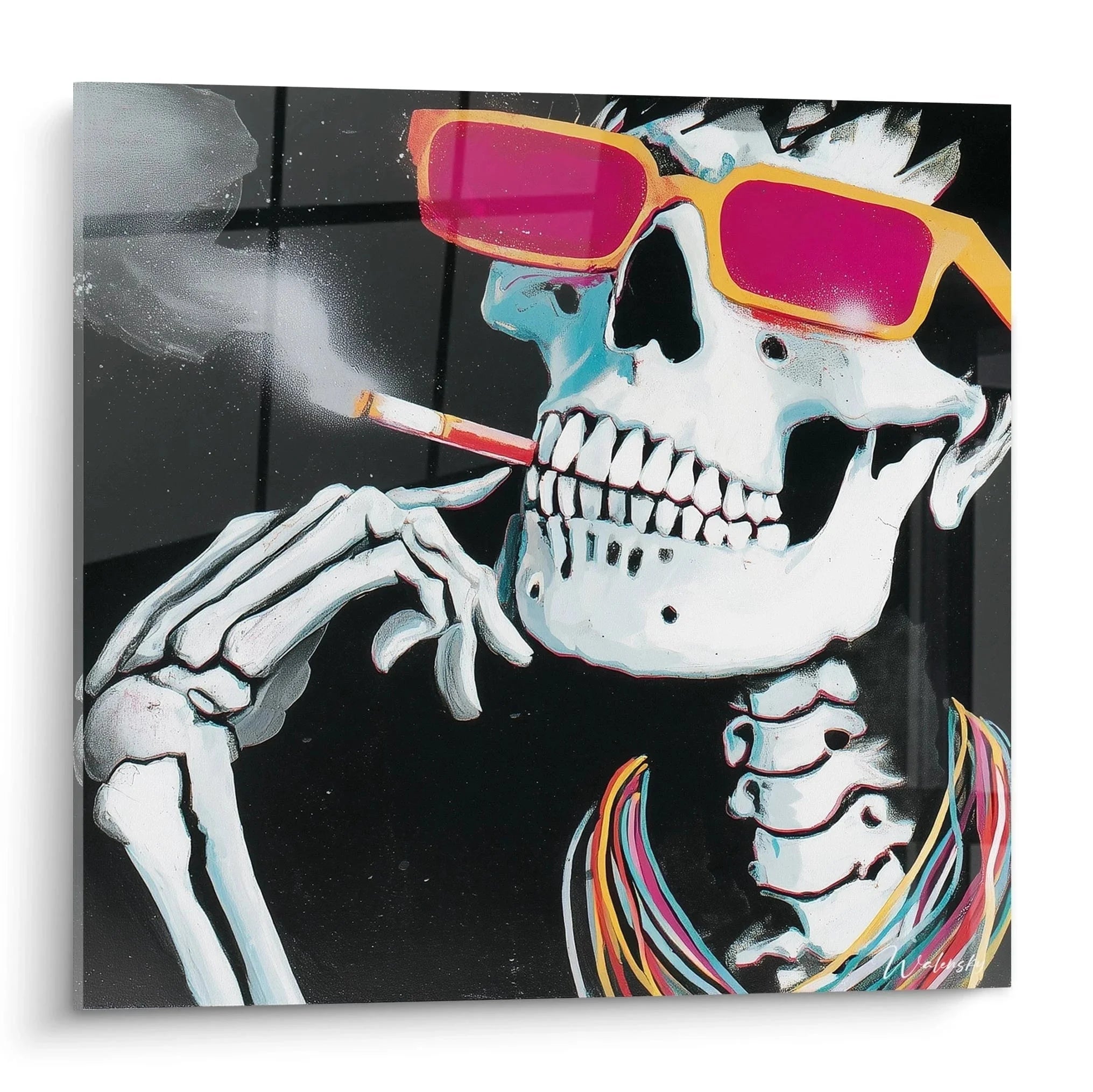 Wandbild Totenkopf mit gelber Sonnenbrille und Zigarette im Pop Art Stil - Edition Vanitas