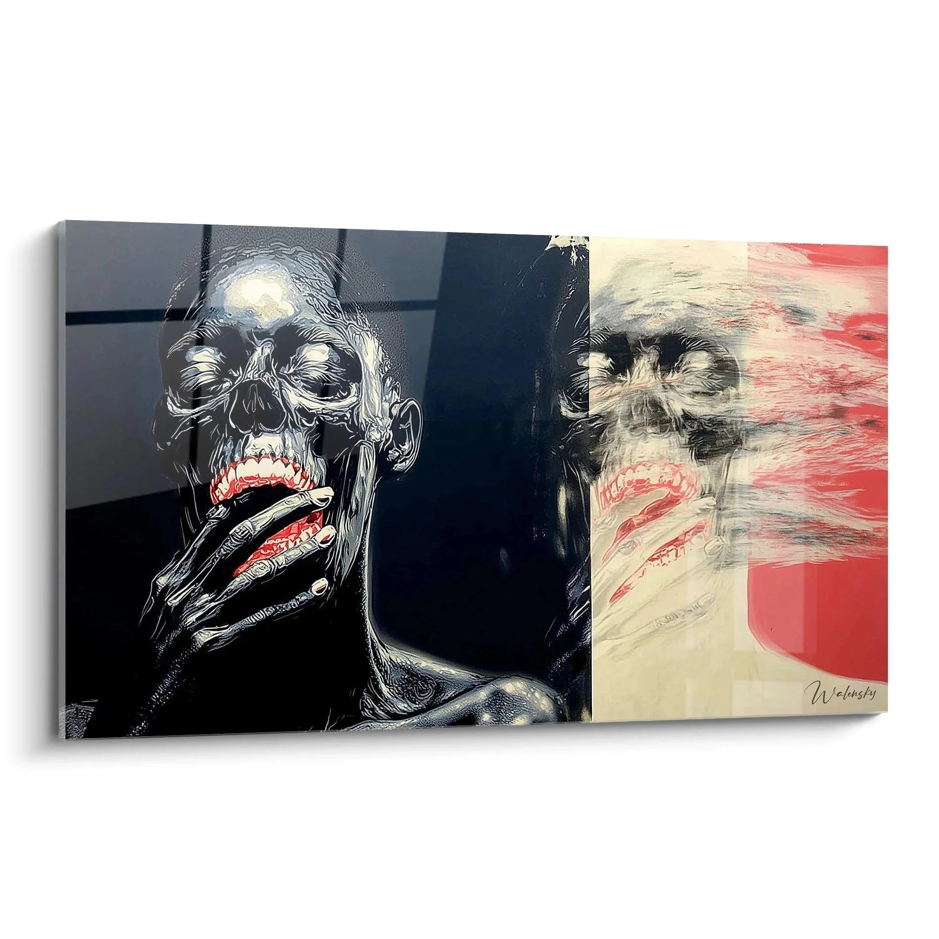 Wandbild Totenkopf Vanitas mit dualem Design in Grau und Rot - Memento Mori Kunstdruck für moderne Wanddeko