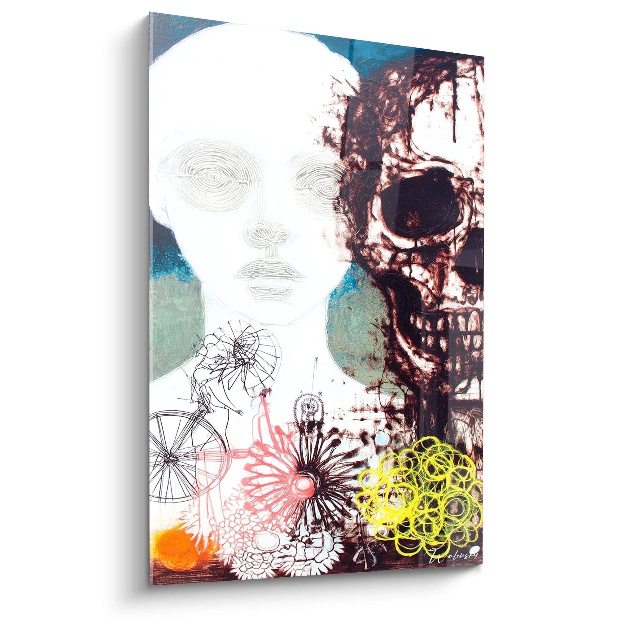 Wandbild Totenkopf Vanitas mit floralen Elementen und geometrischen Formen - moderne Memento Mori Kunst