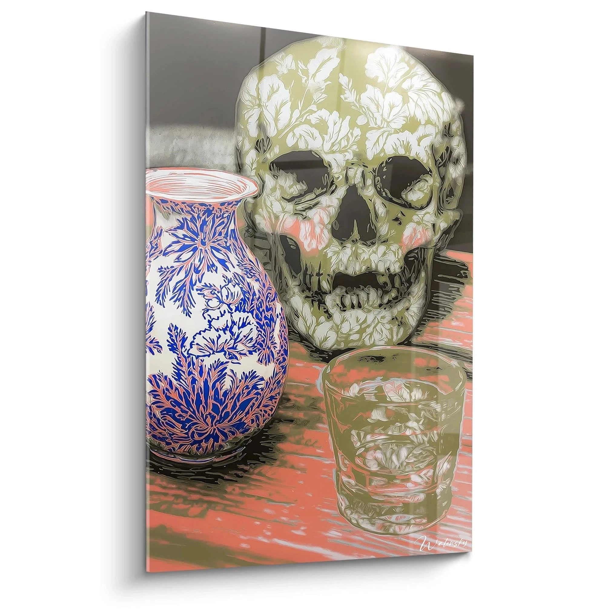Wandbild Totenkopf mit ornamentalen Mustern neben blau gemusterter Vase und Glas - Vanitas Stillleben Kunstdruck