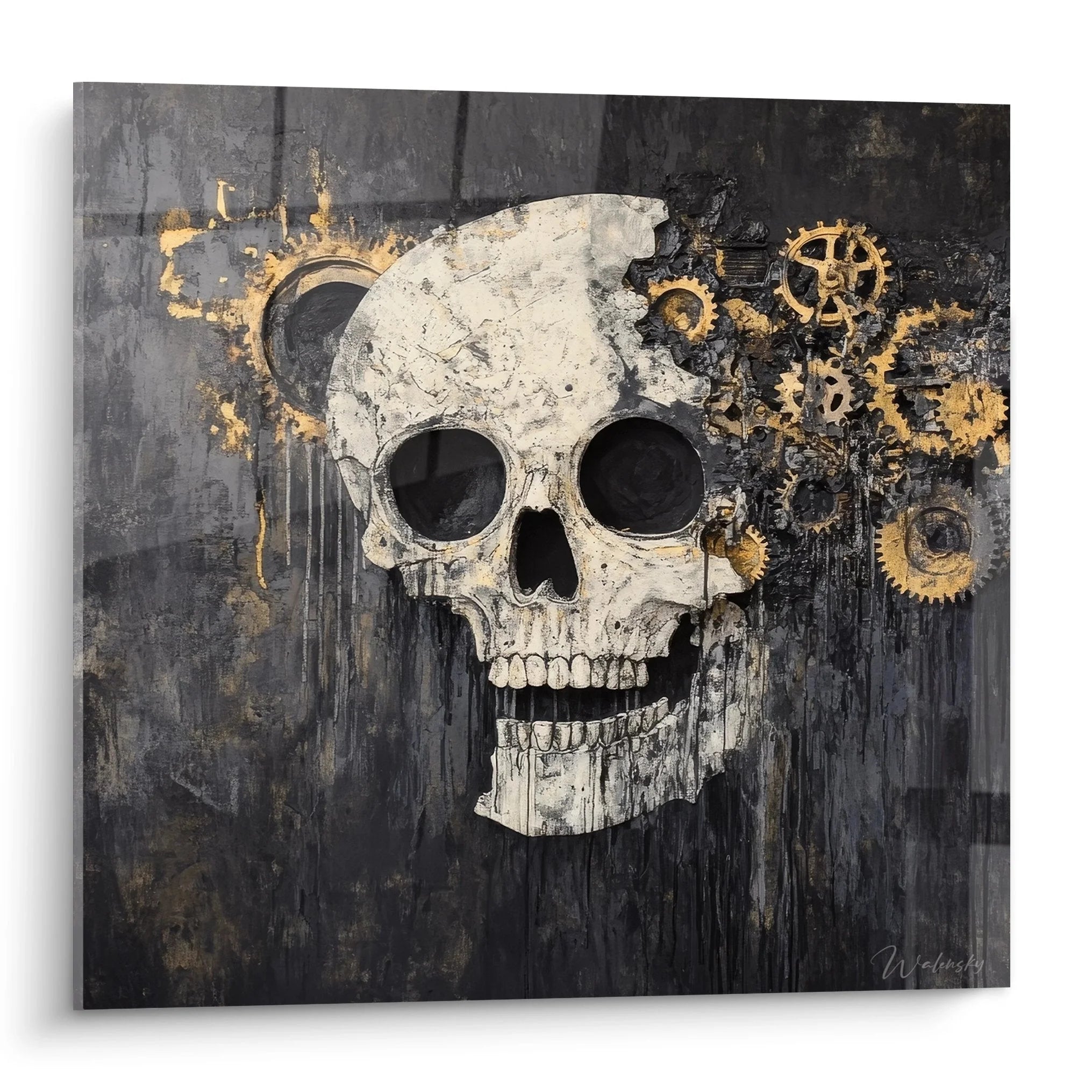 Wandbild Totenkopf mit goldenen Zahnrädern im Steampunk-Stil auf grauem Industrial-Hintergrund