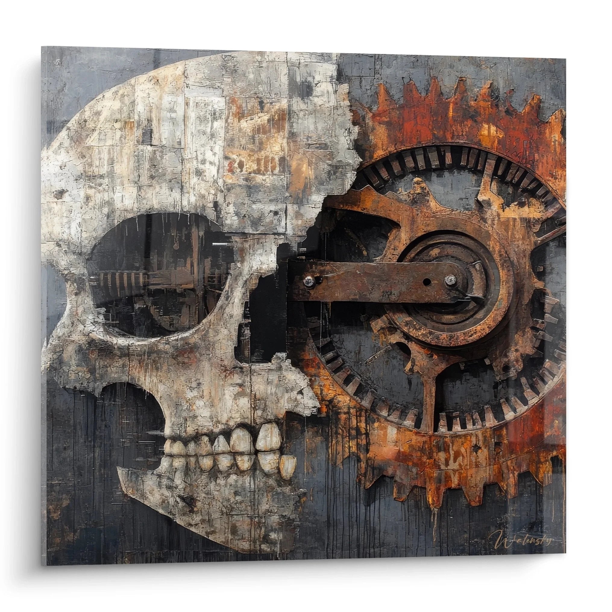 Wandbild Totenkopf mit Zahnrädern - Steampunk Industriedesign in Rost und Grau