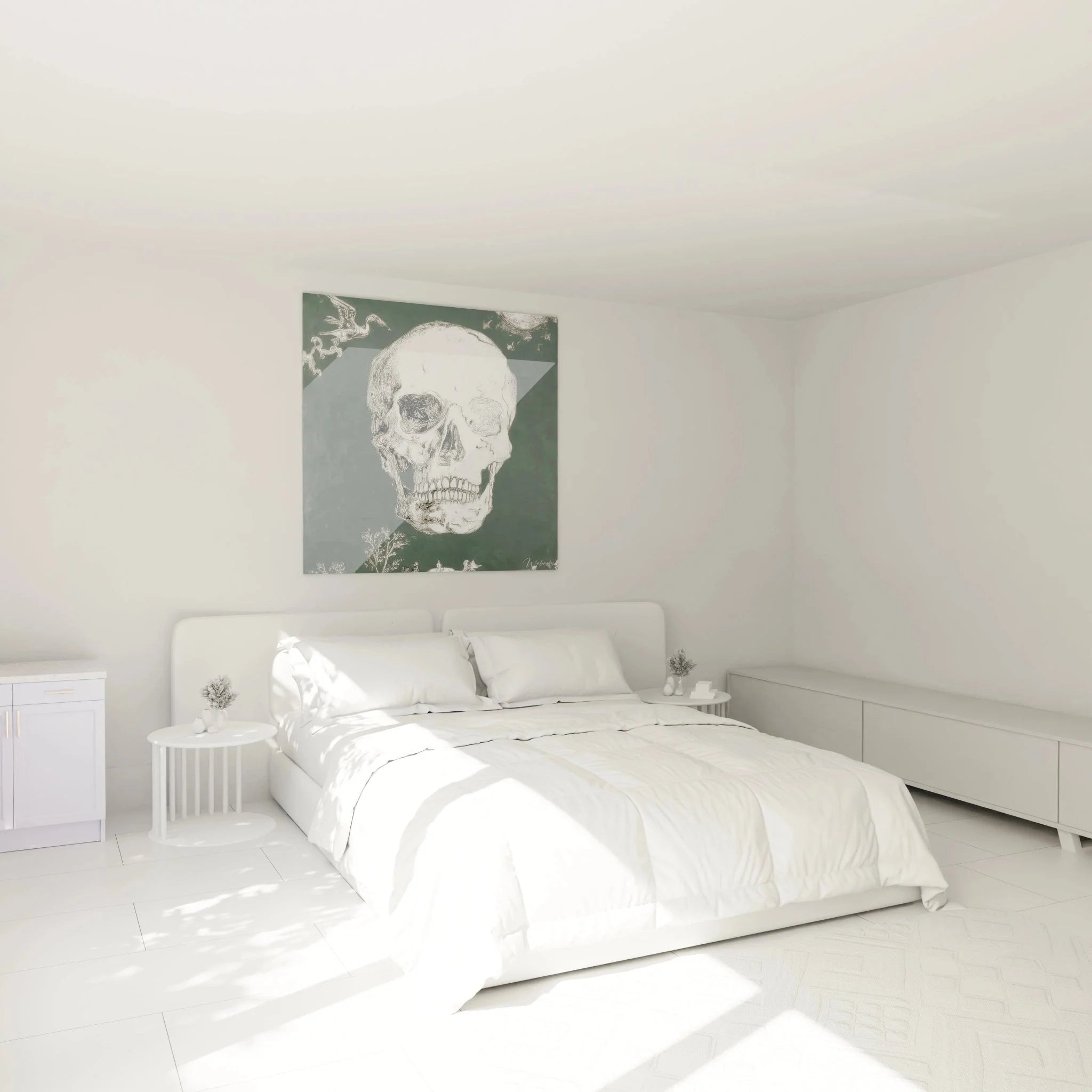Wandbild Totenschädel in Schlafzimmer Ambiente - Vanitas Wanddekoration XXL Format